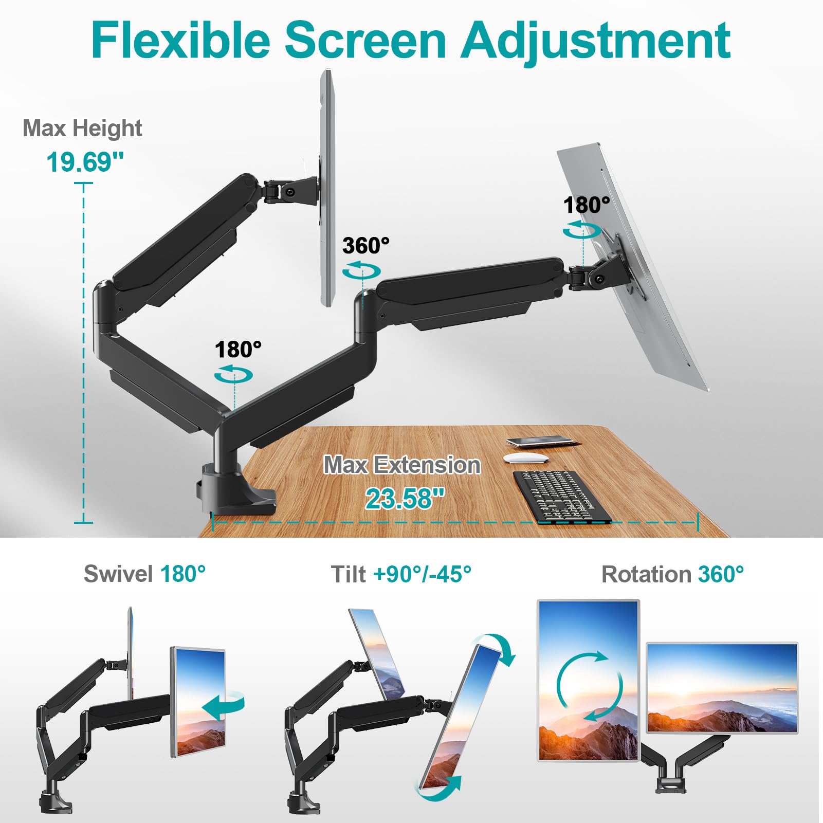 Dual Monitor Stand for 42 Inch Screens - Heavy Duty 2 Monitor Mount with 33lbs Capacity per Arm, VESA 75x75/100x100 - Perfect for Ultrawide Gaming & Office Workstations