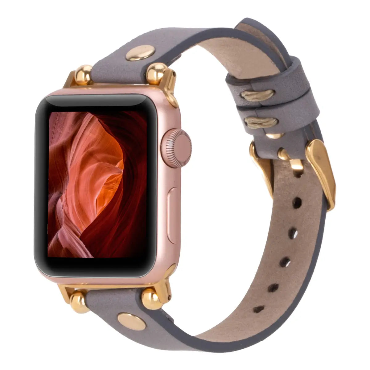 Slim Gray Leather Apple Watch Band with Gold Rivet - Stylish & Durable Replacement Strap for Work, Gym & Everyday Wear