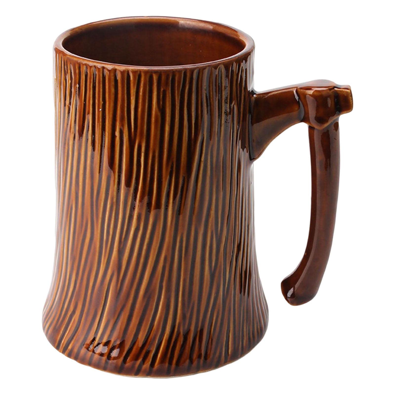 Vintage Beer Mug with Handle - 600ml Handmade Ceramic Unique Stump Shaped Coffee & Tea Cup - Perfect Gift for Beer Lovers, Bar Use, Family Gatherings & Outdoor Camping