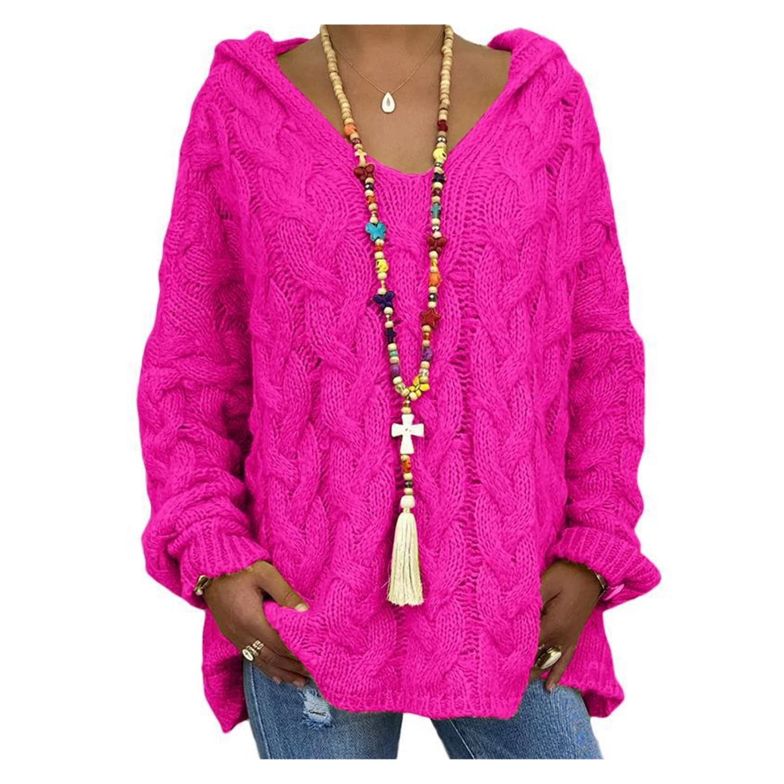 Women's Autumn Winter V-Neck Long Sleeve Loose Patchwork Sweater - Thick Casual Pullover Plus Size Tops (Rose Red, 3X-Large) | Cozy Fall & Winter Fashion for Work, Dating & Everyday Wear