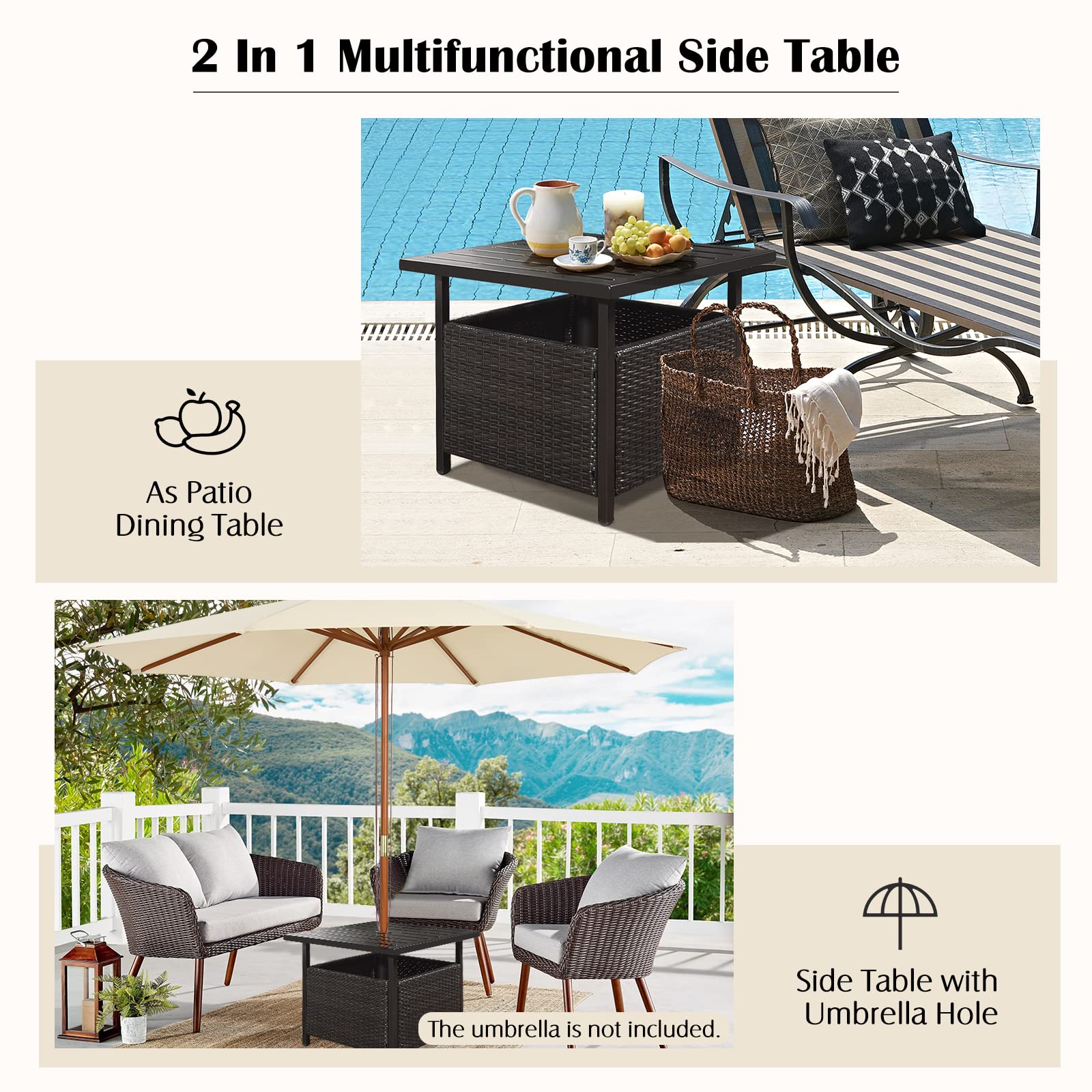 Casart Outdoor Side Table with Umbrella Hole - Square Wicker PE Rattan Coffee Table with Metal Tabletop - Patio End Table for Garden, Backyard, Poolside & Deck - Perfect for Outdoor Dining, Lounging & Entertaining