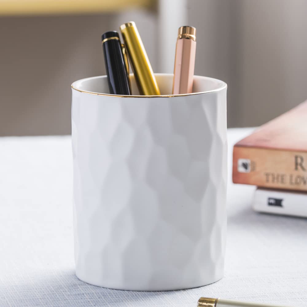 Ceramic Round Irregularly Shaped Pen Holder - Cute White Pencil Cup for Desk Organizer, Makeup Brush Holder - Perfect for Office, Home & School Use (White)