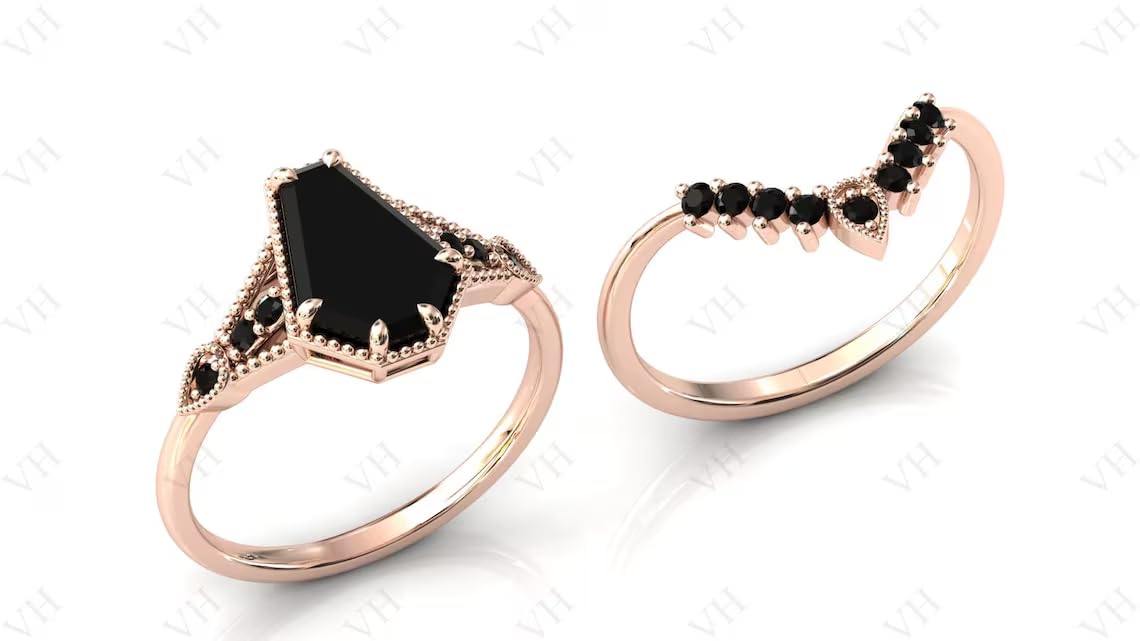3 CT Art Deco Coffin Shaped Black Onyx Engagement Ring Set - 18K Gold Vintage Wedding Band, Anniversary Jewelry Gift for Women - Perfect for Gothic Brides, Alternative Weddings & Dark Romance Lovers