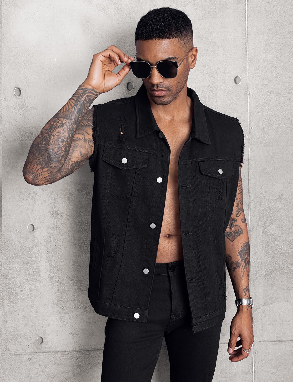 Longbida Men's Distressed Denim Vest - Sleeveless Ripped Slim Fit Jean Jacket for Casual Wear & Street Style | Perfect for Layering, Outdoor Events & Fashion Outfits