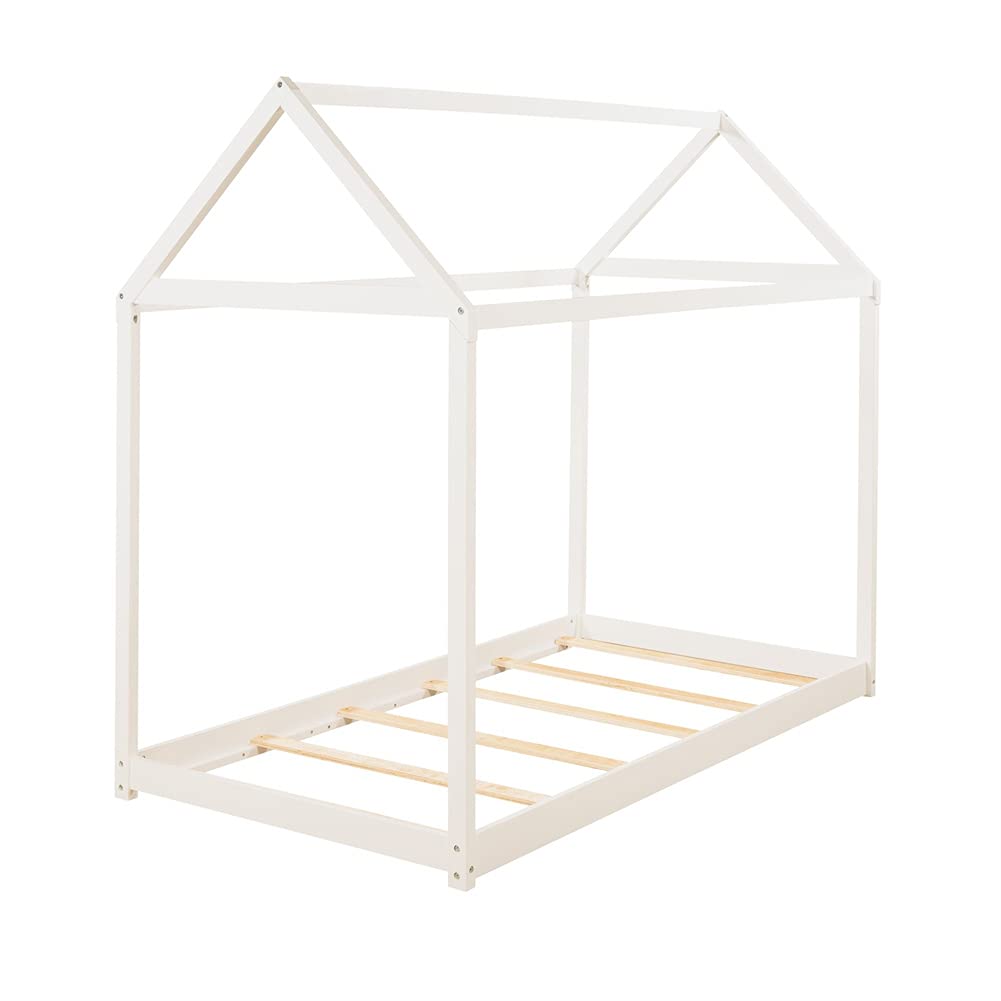 Wooden House Bed with Roof - Twin Size Kids Bed Frame, Platform Bed with Tent, Floor Sofa Bed & Mattress Foundation for Bedroom & Living Room - Perfect for Playrooms, Sleepovers & Cozy Reading Nooks (White)