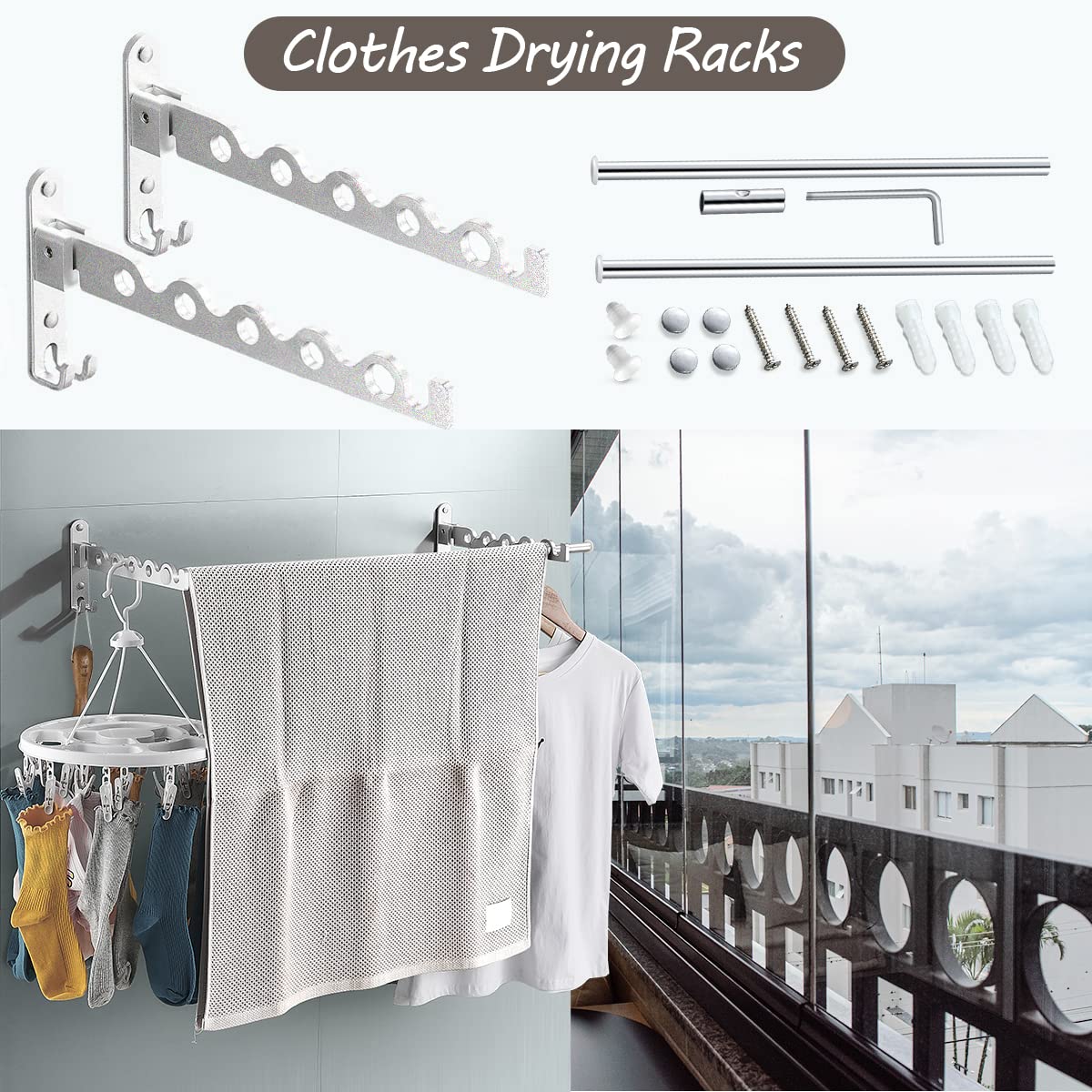 Wall Mounted Retractable Clothes Drying Rack with 2 Hanging Rods - Space Saving Laundry Organizer for Small Apartments, Bathrooms & Closets - Perfect for Drying Clothes, Towels and Delicates