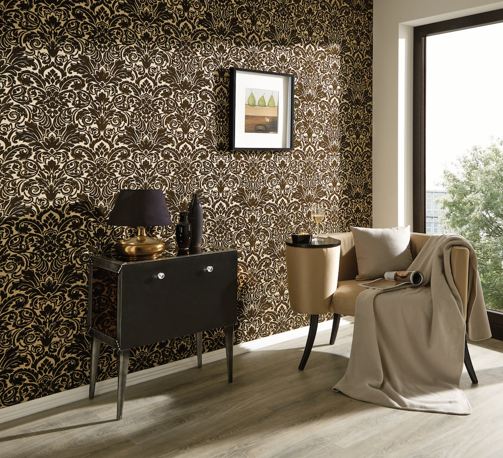 Castello Flocked Damask Fabric - Elegant Upholstery & Home Decor Material for Sofas, Curtains, and Pillows