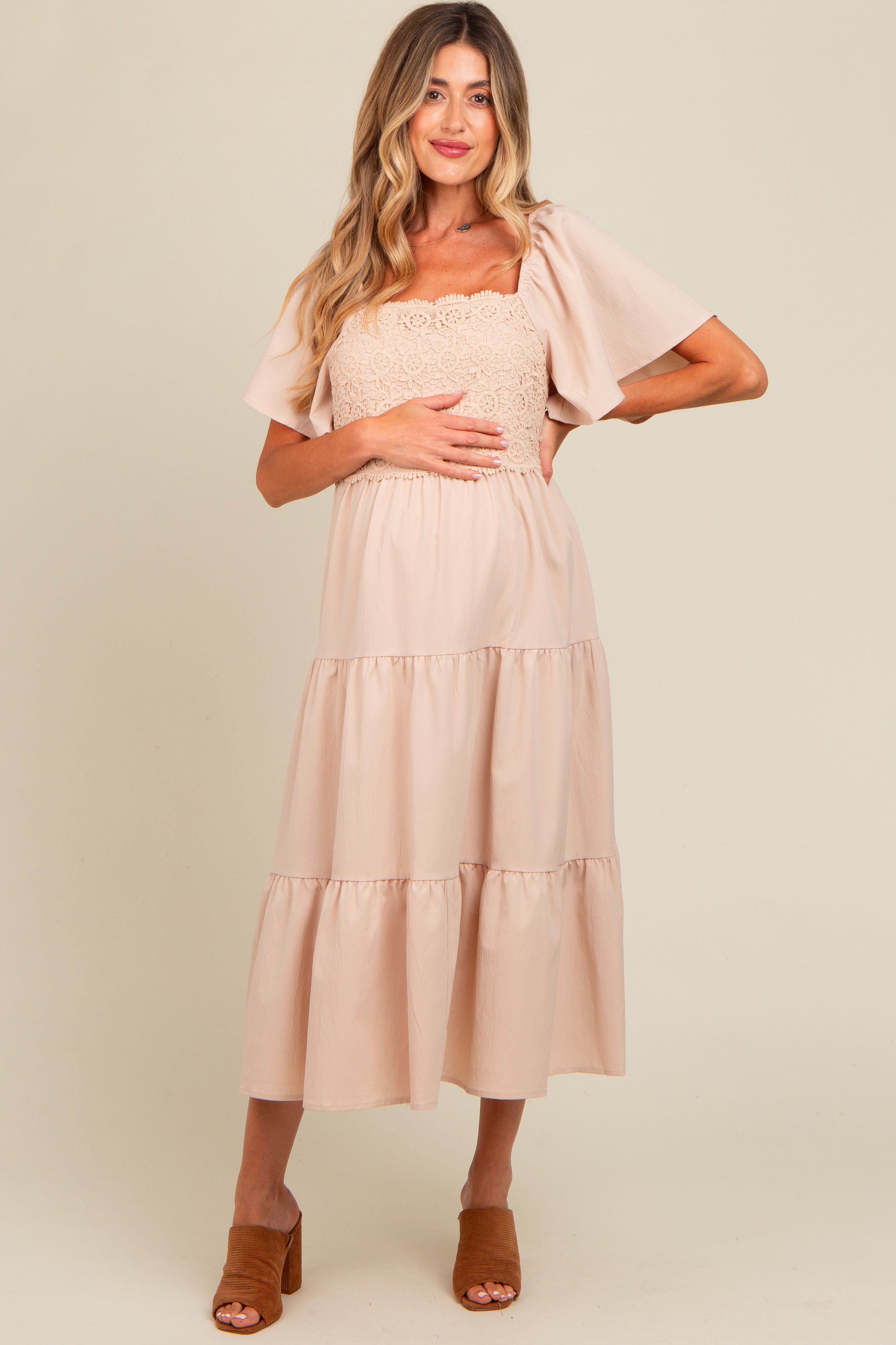 Beige Crochet Tiered Lace Maternity Midi Dress for Pregnancy - Comfortable Nursing Dress for Baby Shower, Maternity Photo Shoot & Special Occasions