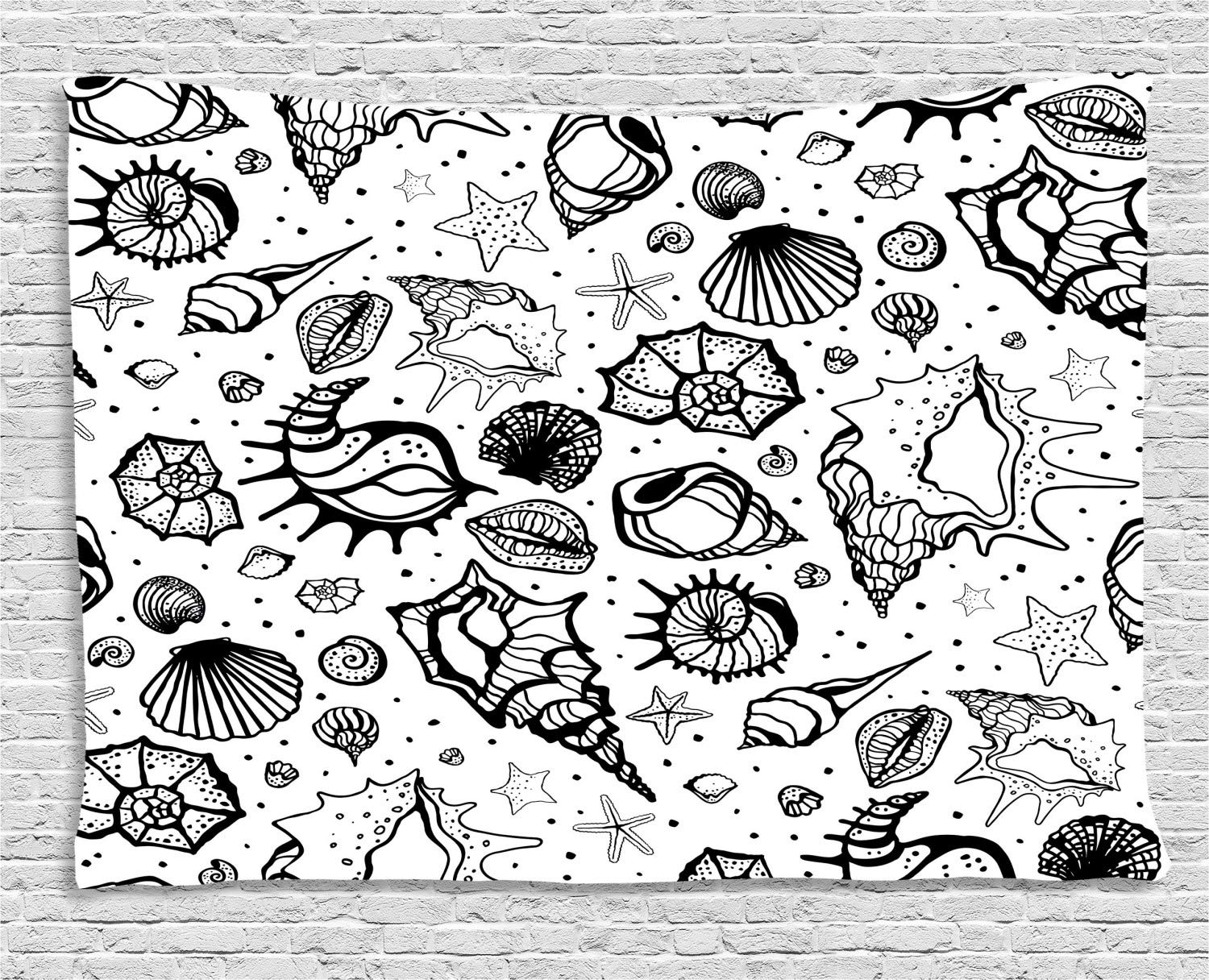 Ambesonne Sea Shells Tapestry - Hand Drawn Monochrome Beach Wall Art with Abstract Dotted Design, 80x60 Inch Ocean Themed Wall Hanging for Bedroom, Living Room, Dorm Decor - Perfect for Coastal, Boho & Nautical Home Decor Styles (Dark Blue & White)