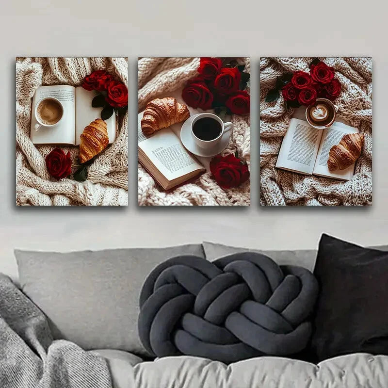 3-Piece Metal Print Wall Art - Book, Red Roses & Bread - Ready to Hang - Perfect for Home Decor, Office & Gift Giving