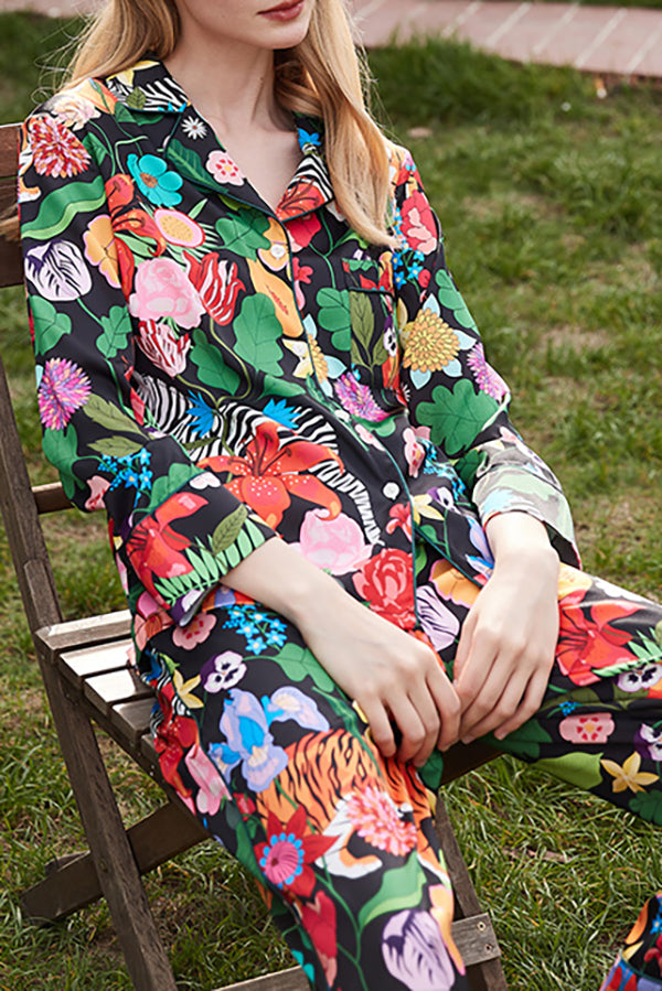 Tiger and Zebra Print Long Sleeve Two-Piece Pajama Set for Women - Cozy Winter Sleepwear & Loungewear for Home Comfort