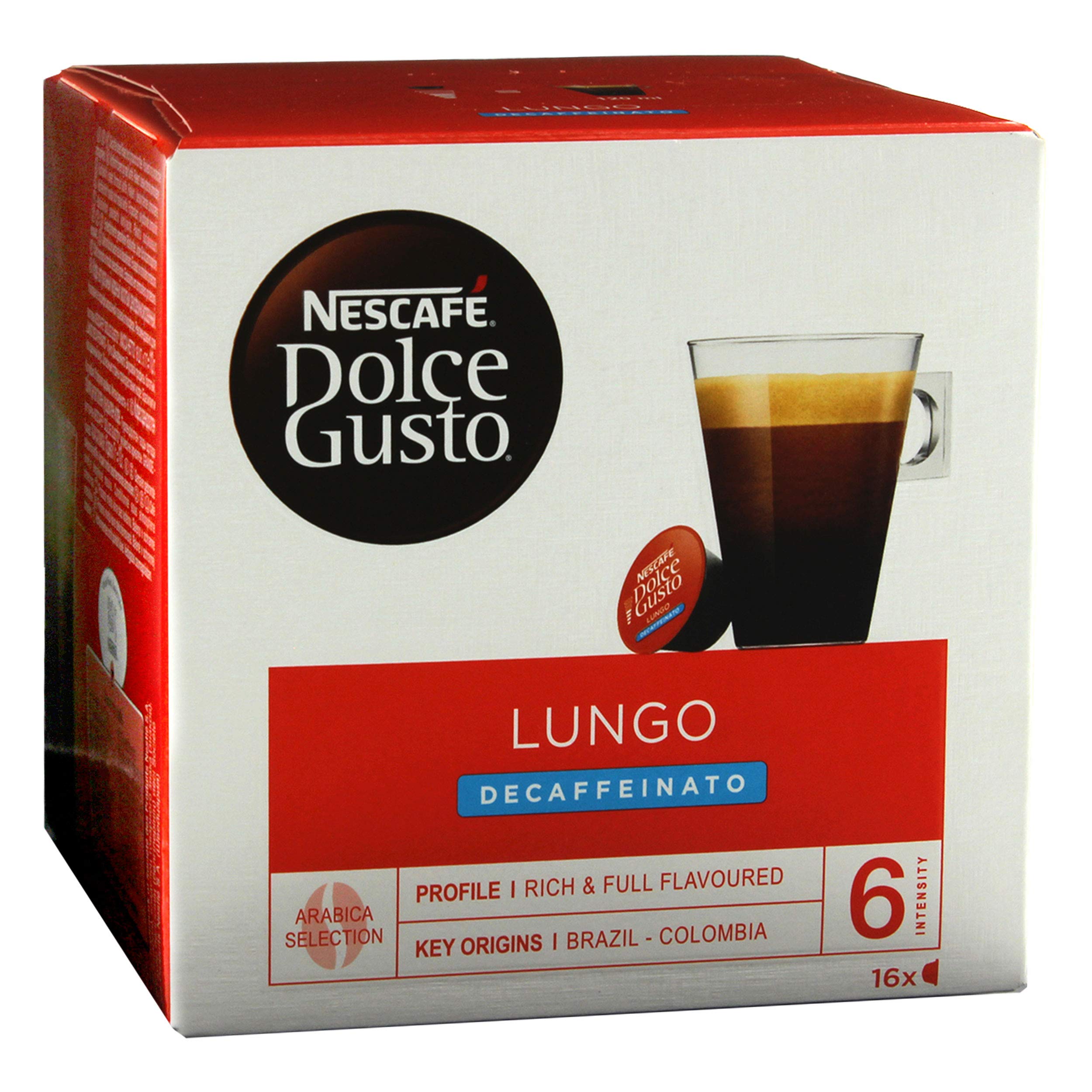 Nescafe Dolce Gusto Caffe Lungo Decaffeinato Coffee Pods - 16 Capsules for Decaf Espresso & Lungo | Perfect for Home & Office Coffee Makers