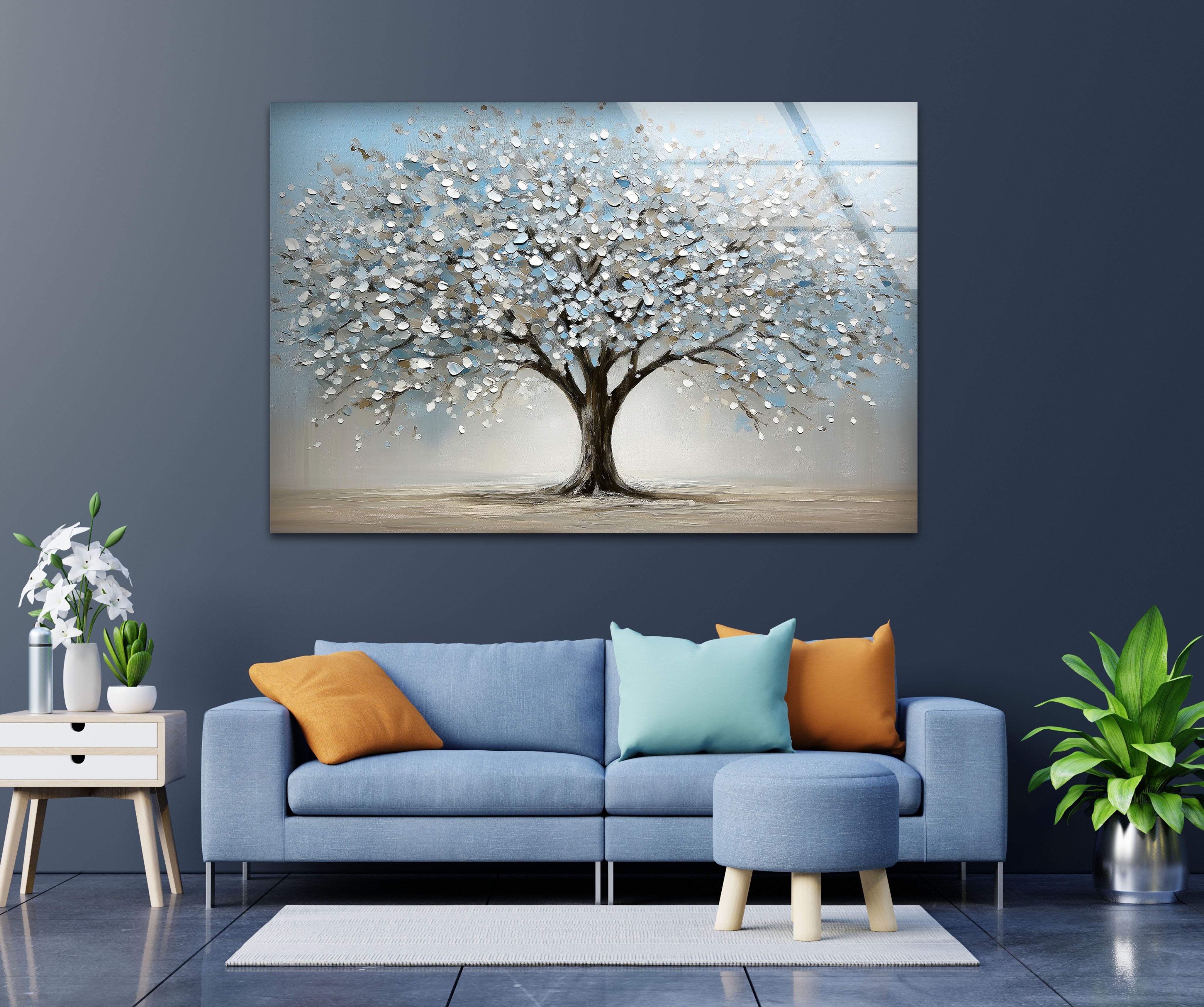 Blossoming Serenity Tree - Modern Textured Glass Wall Art Decor for Living Room, Bedroom & Office | Nature-Inspired Home Decor