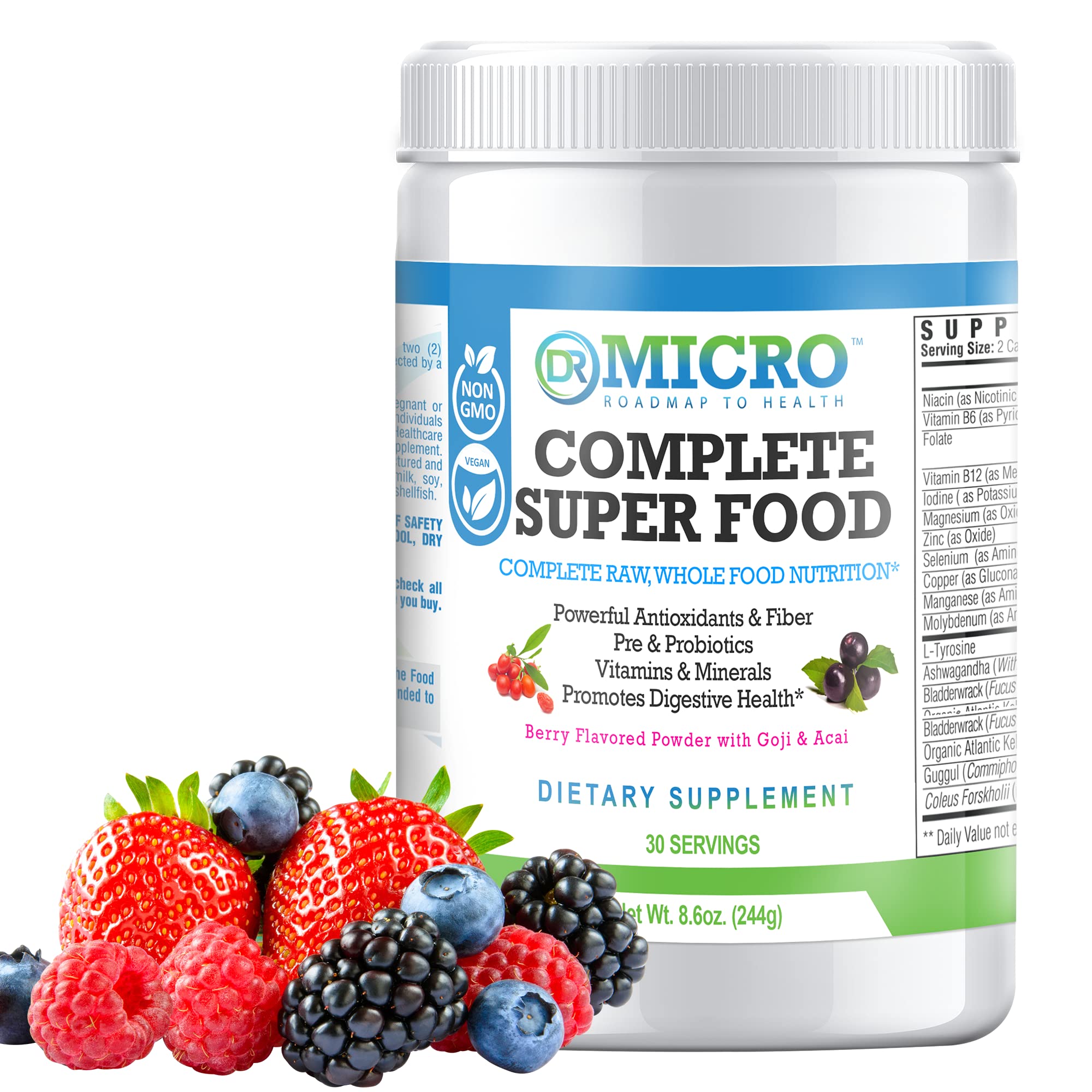 DR MICRO Super Whole Food Greens Drink Mix Supplement - 30 Servings - Rich in Essential Minerals, Vitamins, Digestive Enzymes & Probiotics - Stevia Sweetened, Keto & Gluten Free - Perfect for Daily Detox, Energy Boost & Gut Health Support