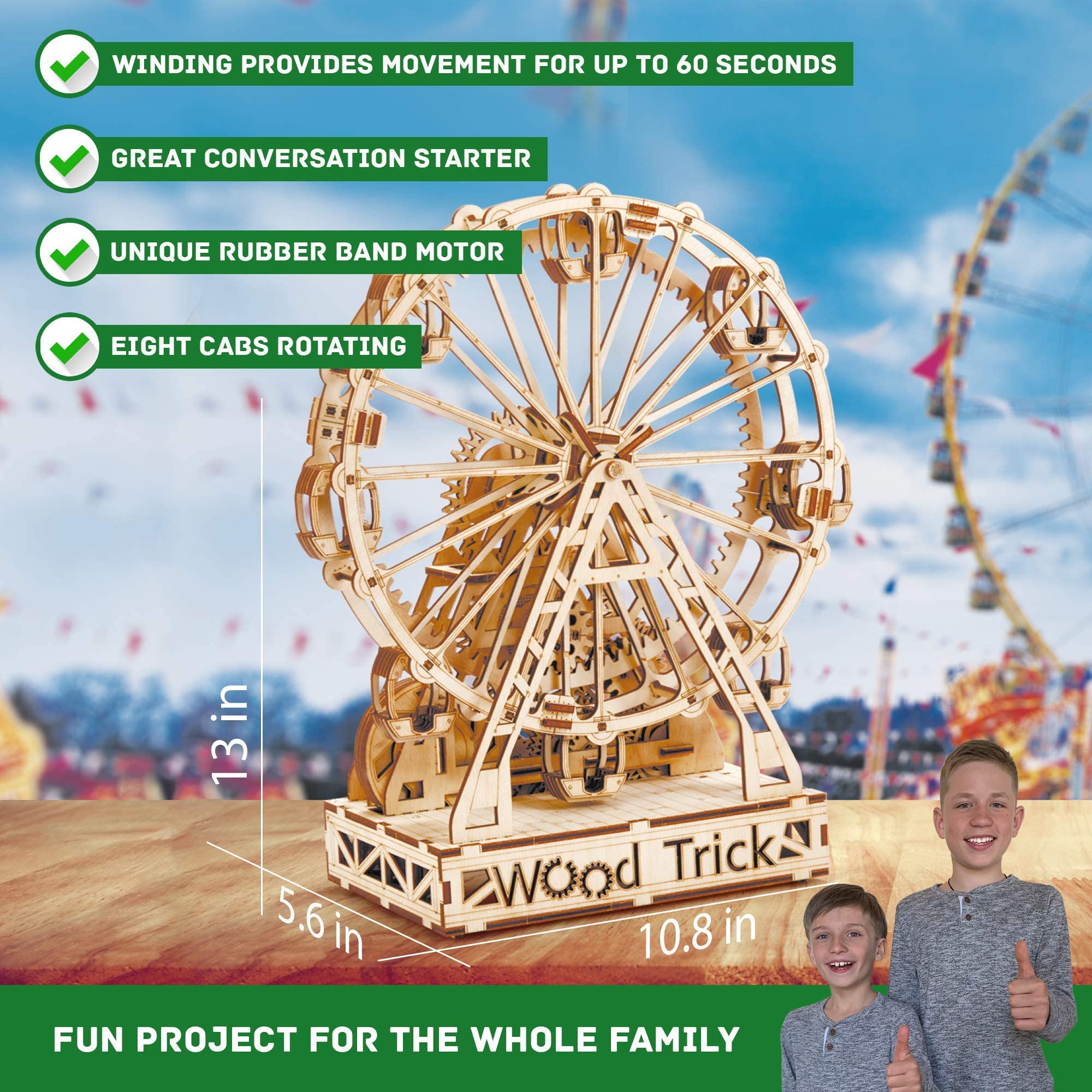 Wood Trick Ferris Wheel Rotating Mechanical Model Kit - 3D Wooden Puzzle for Adults & Teens - DIY Engineering Building Kit for Home Decoration & STEM Education - Perfect for Family Bonding, Classroom Projects & Gift Giving
