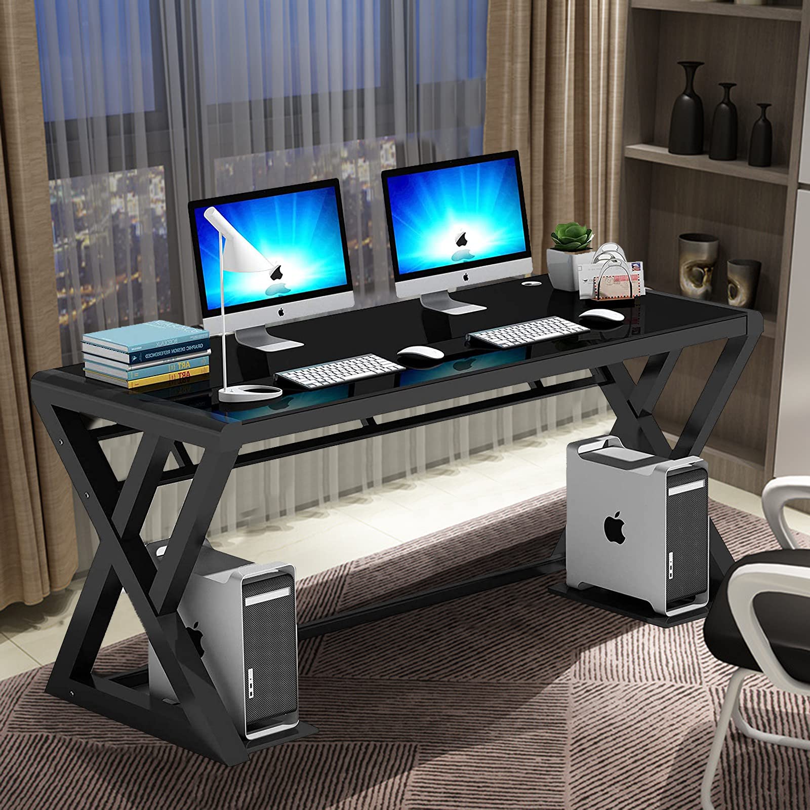 Modern Glass Top X-Frame Computer Desk - 55.1