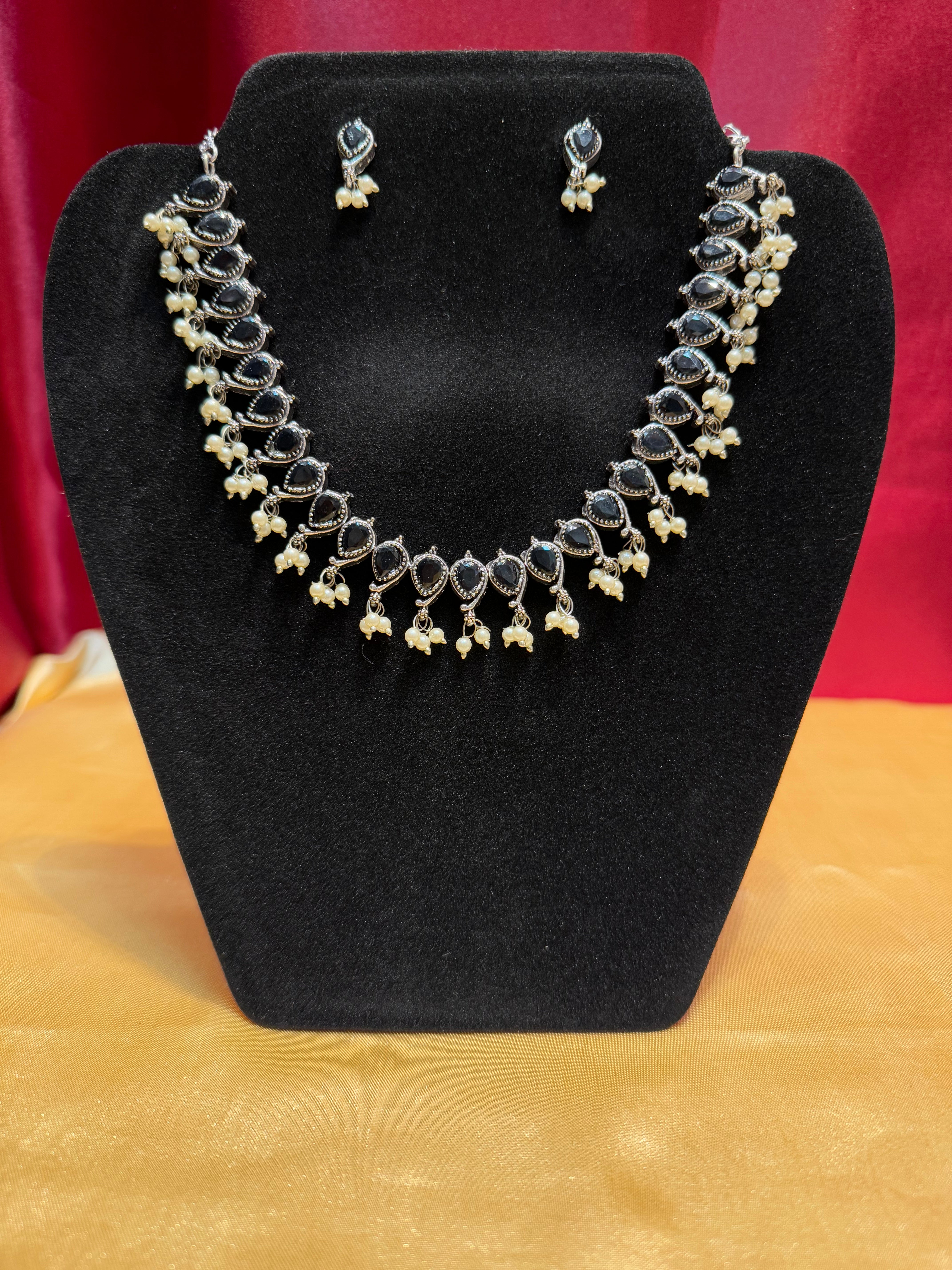 Elegant Black Oxidized Necklace and Earrings Set with White Beads - Perfect for Weddings, Parties & Special Occasions