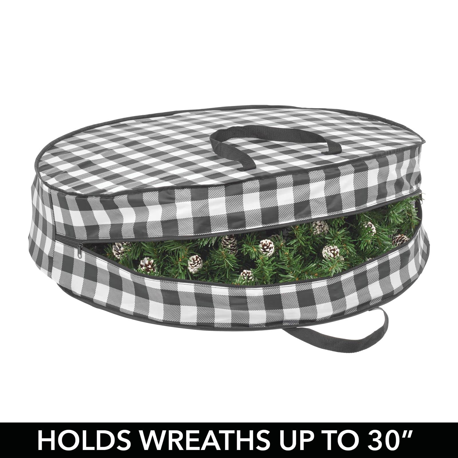 mDesign 30-Inch Round Wreath Storage Container with Handles - 2 Pack Buffalo Plaid Fabric Holiday Organizer for Christmas Wreaths, Garlands & Decorations - Perfect for Seasonal Decoration Storage & Protection