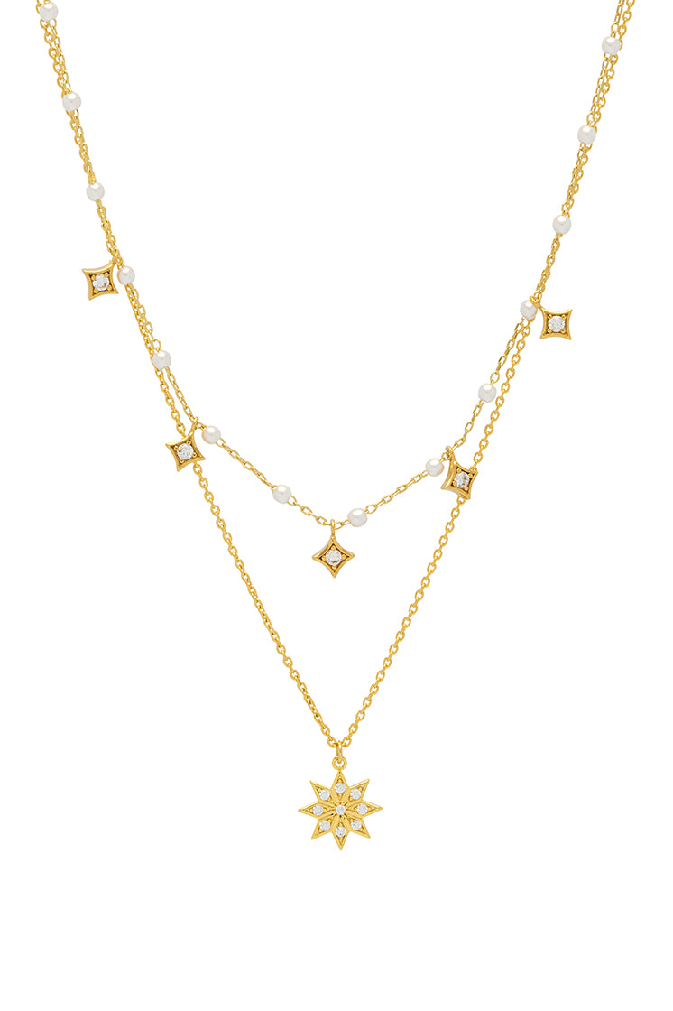 Pearl Star Double Chain Necklace for Women - Elegant Layered Gold Plated Jewelry for Party, Wedding & Everyday Wear