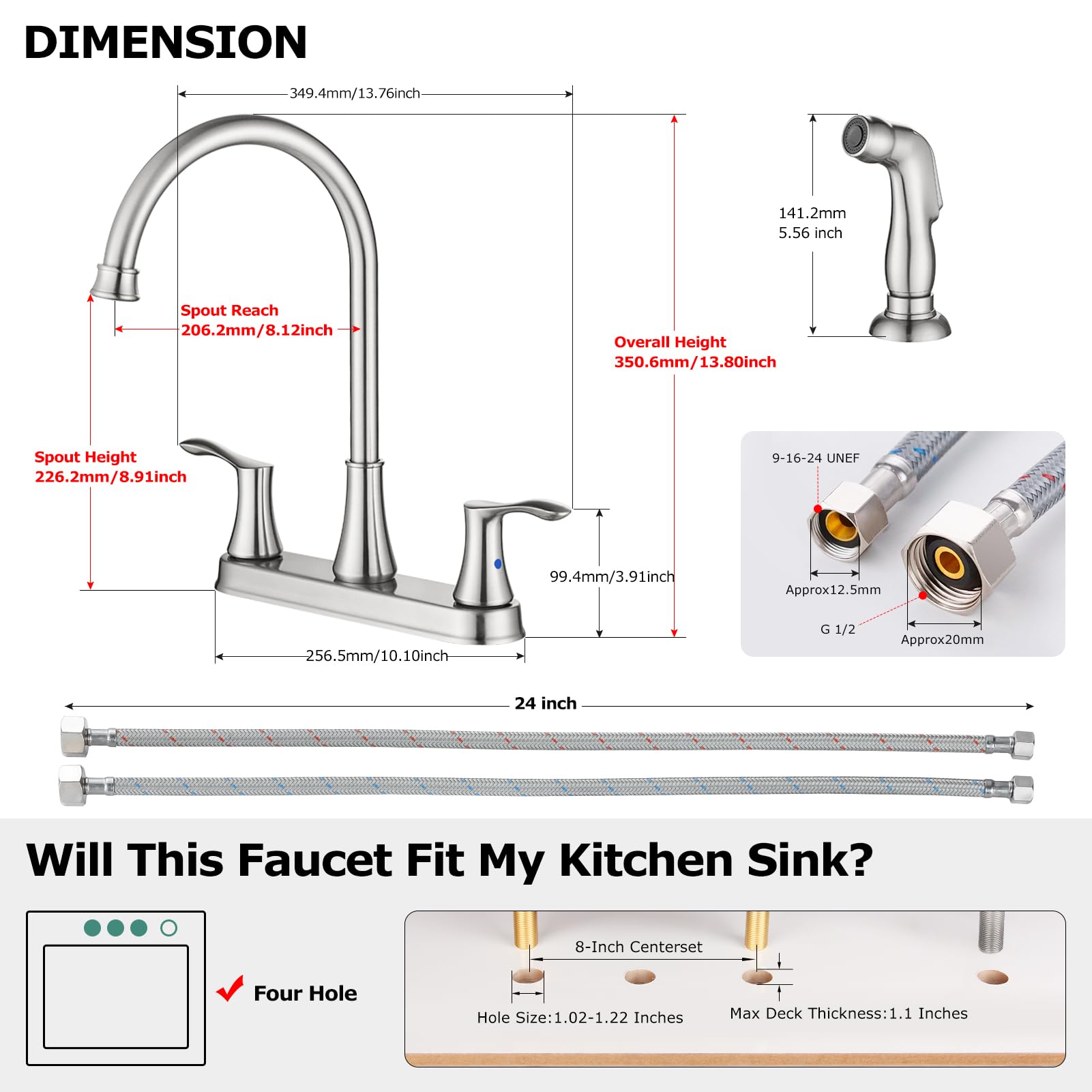 PARLOS 8 Inch Brushed Nickel High Arch Two Handle Kitchen Sink Faucet with Pull Down Side Sprayer & Supply Lines - Perfect for Modern Farmhouse, RV, and Restaurant Kitchen Renovations (Model: Demeter 14138)