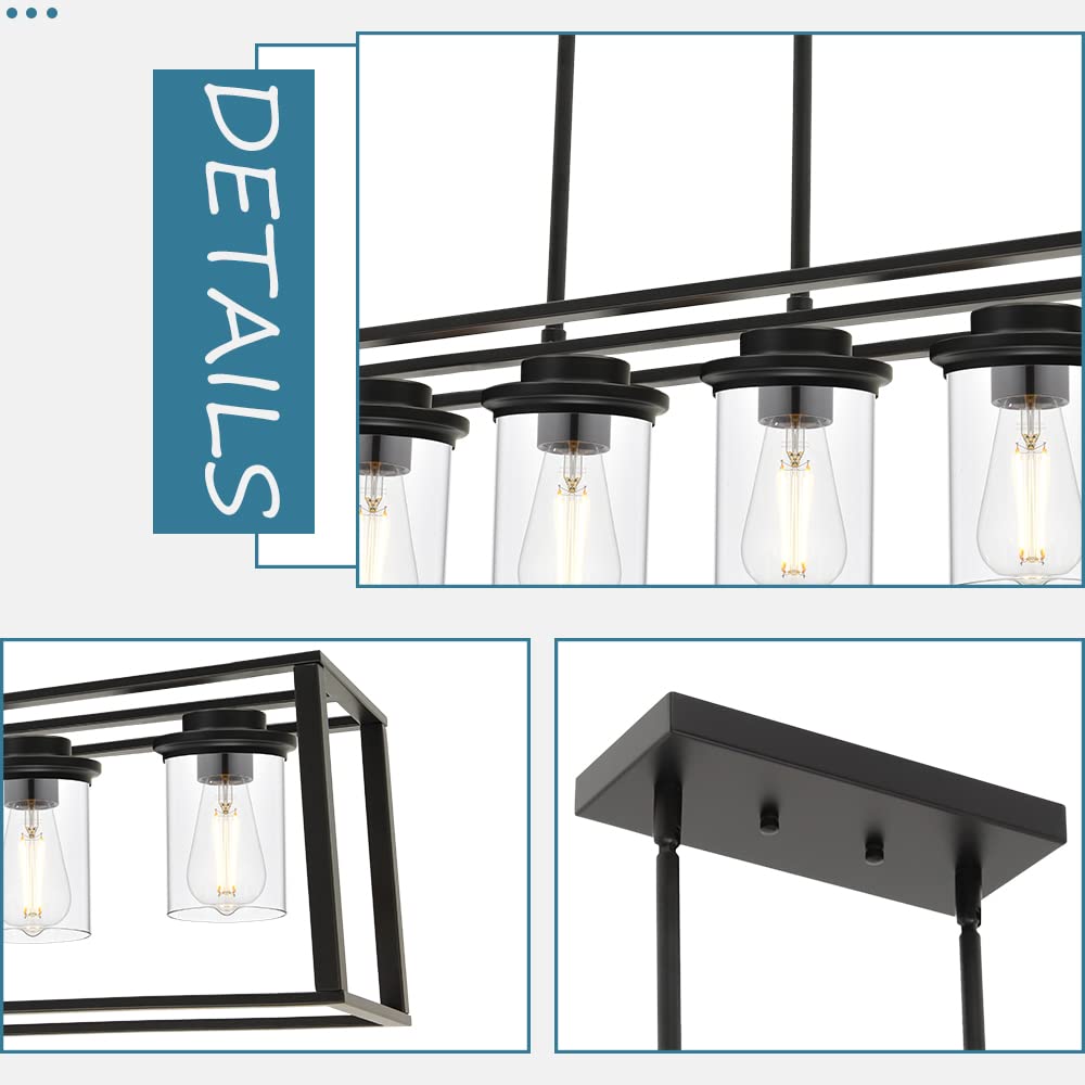 6-Light Linear Pendant Light Fixture with Clear Glass Shade - Farmhouse Black Frame Chandelier for Kitchen Island, Dining Room - Perfect for Modern Farmhouse, Rustic & Industrial Home Decor