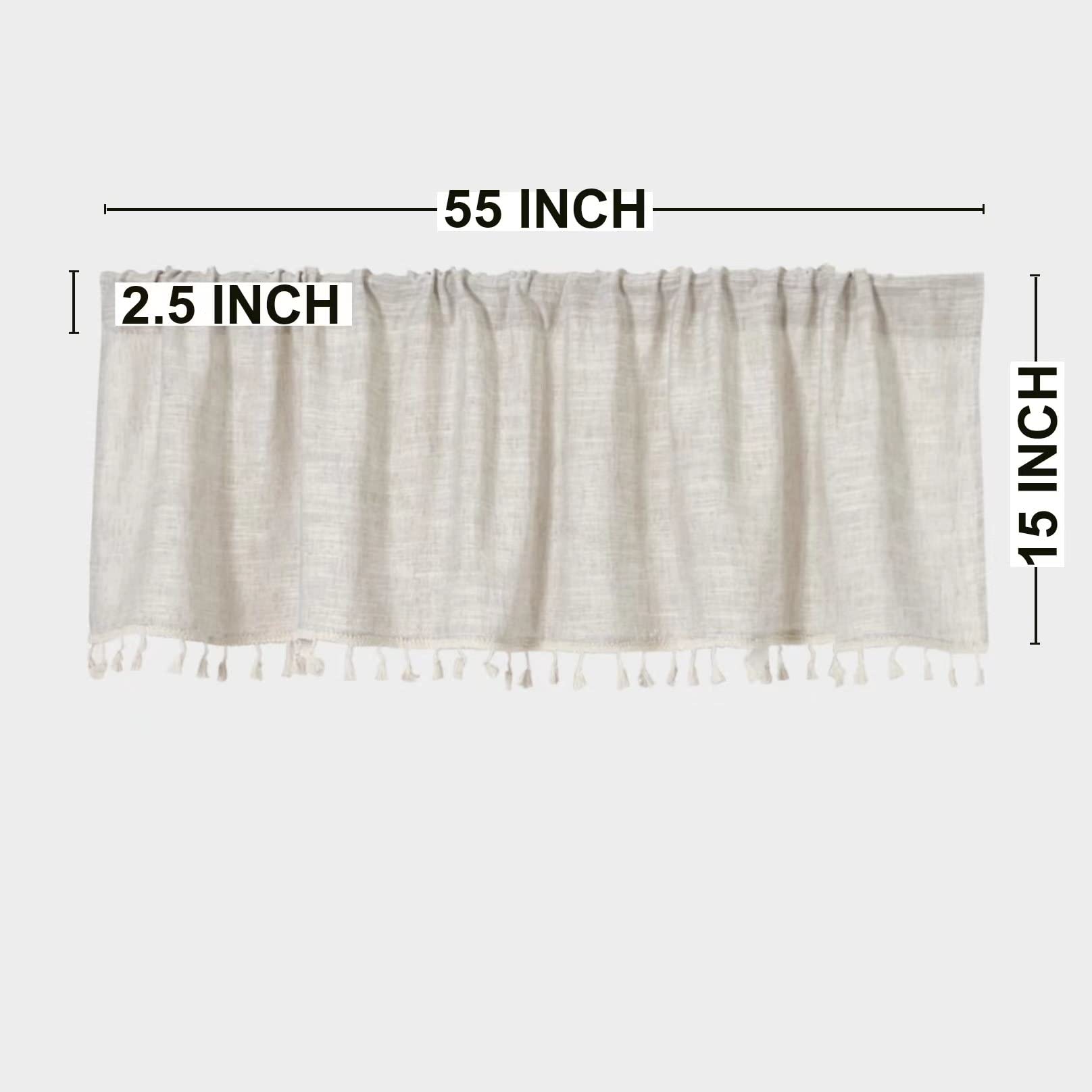 2 Pack Boho Tassel Kitchen Valances - 55x15 Inch Natural Cotton Linen Window Curtain Toppers for Modern Farmhouse, Rustic Country & Bohemian Decor - Perfect for Small Windows in Kitchen, Bathroom & Living Room