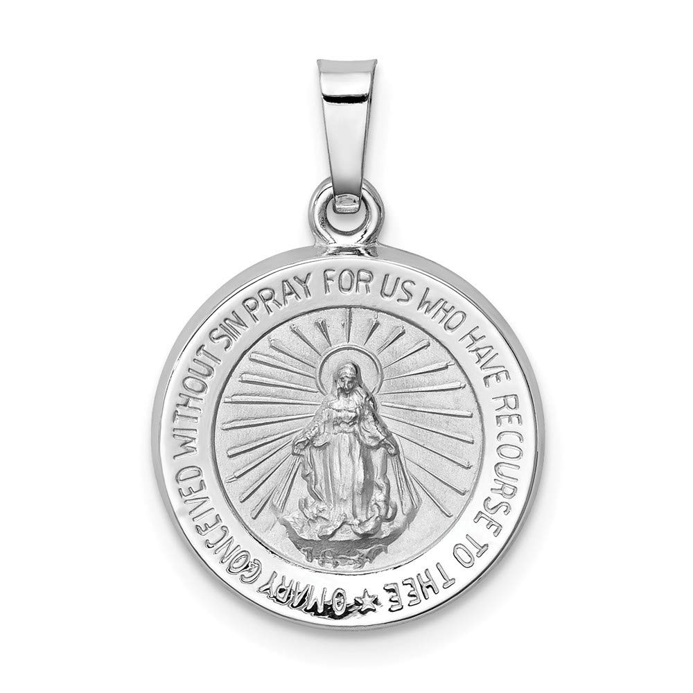 14K White Gold Hollow Polished & Satin Miraculous Medal Pendant Necklace for Women - Religious Jewelry Gift for Baptism, First Communion & Everyday Faith Wear