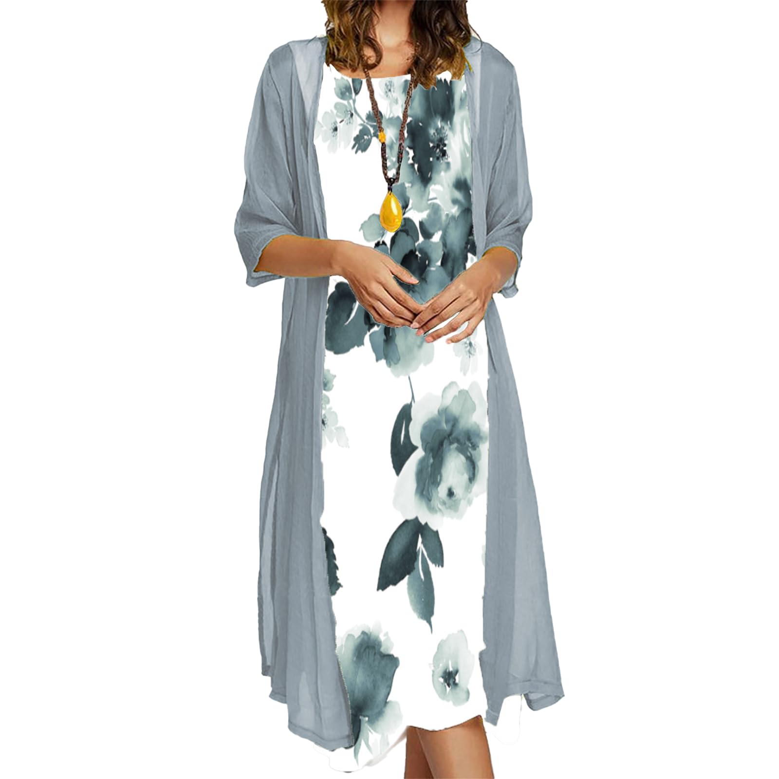 Floral Print Chiffon Two-Piece Maxi Dress Set with Cardigan - Elegant Midi Dress for Women | Perfect for Weddings, Parties & Special Occasions