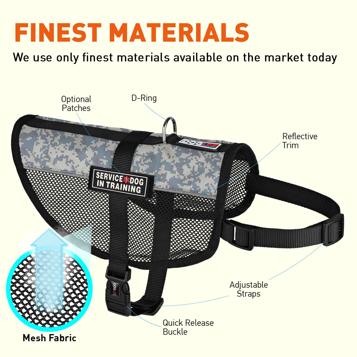 Dogline MaxAire Service Dog Vest with Removable Training Patches - Adjustable Reflective Harness for Small, Medium & Large Dogs (13-16