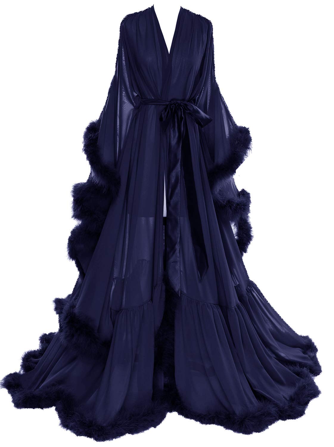 Molisa Women's Sexy Feather Bridal Robe - Long Wedding Scarf Illusion Bathrobe Sleepwear Lingerie Nightgown for Honeymoon, Bachelorette Party & Romantic Getaway