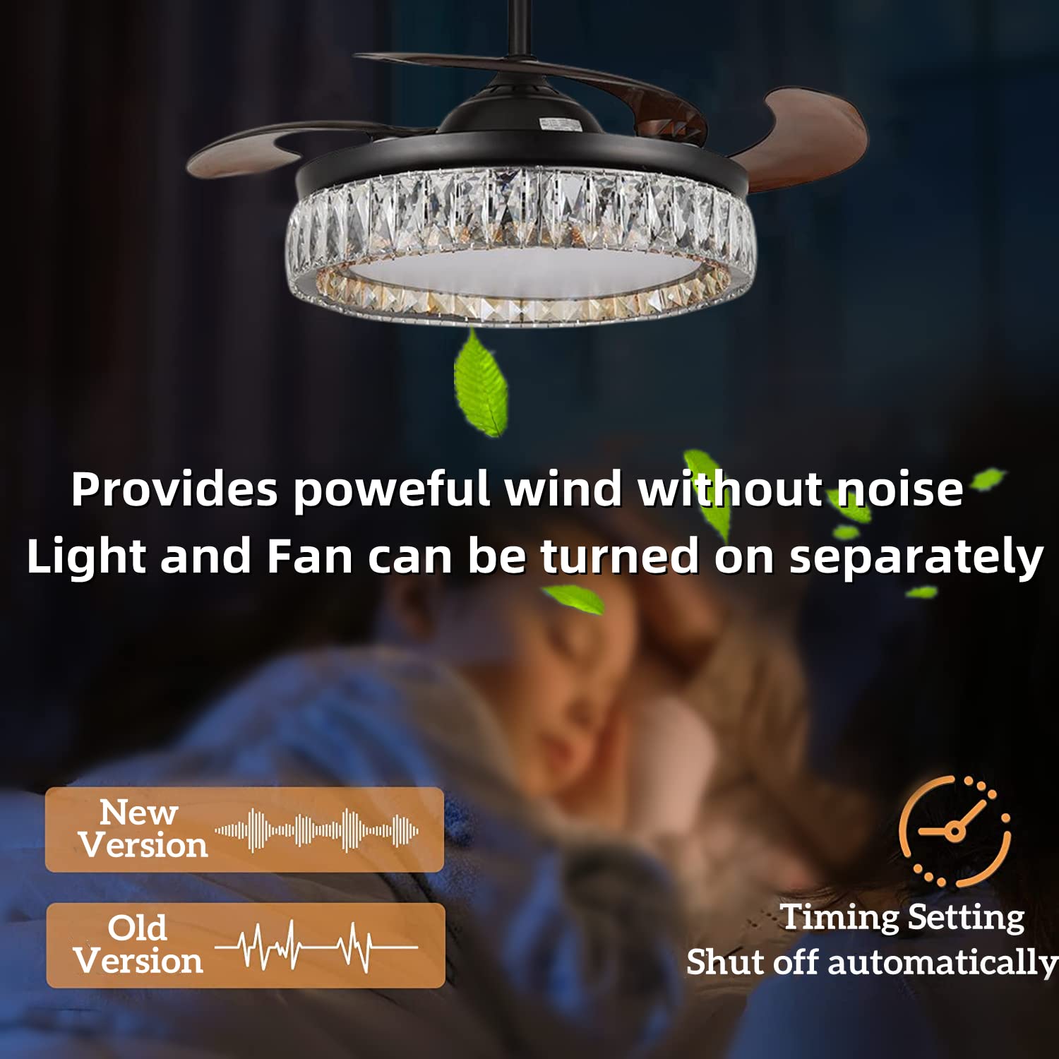 RuiWing 42 Inch Modern Crystal Ceiling Fan with Light - Retractable Blades, 6 Speed Remote Control, Reversible Function & 3 Color Lighting - Black Chandelier Fan for Living Room, Bedroom, Dining Room & Indoor Spaces