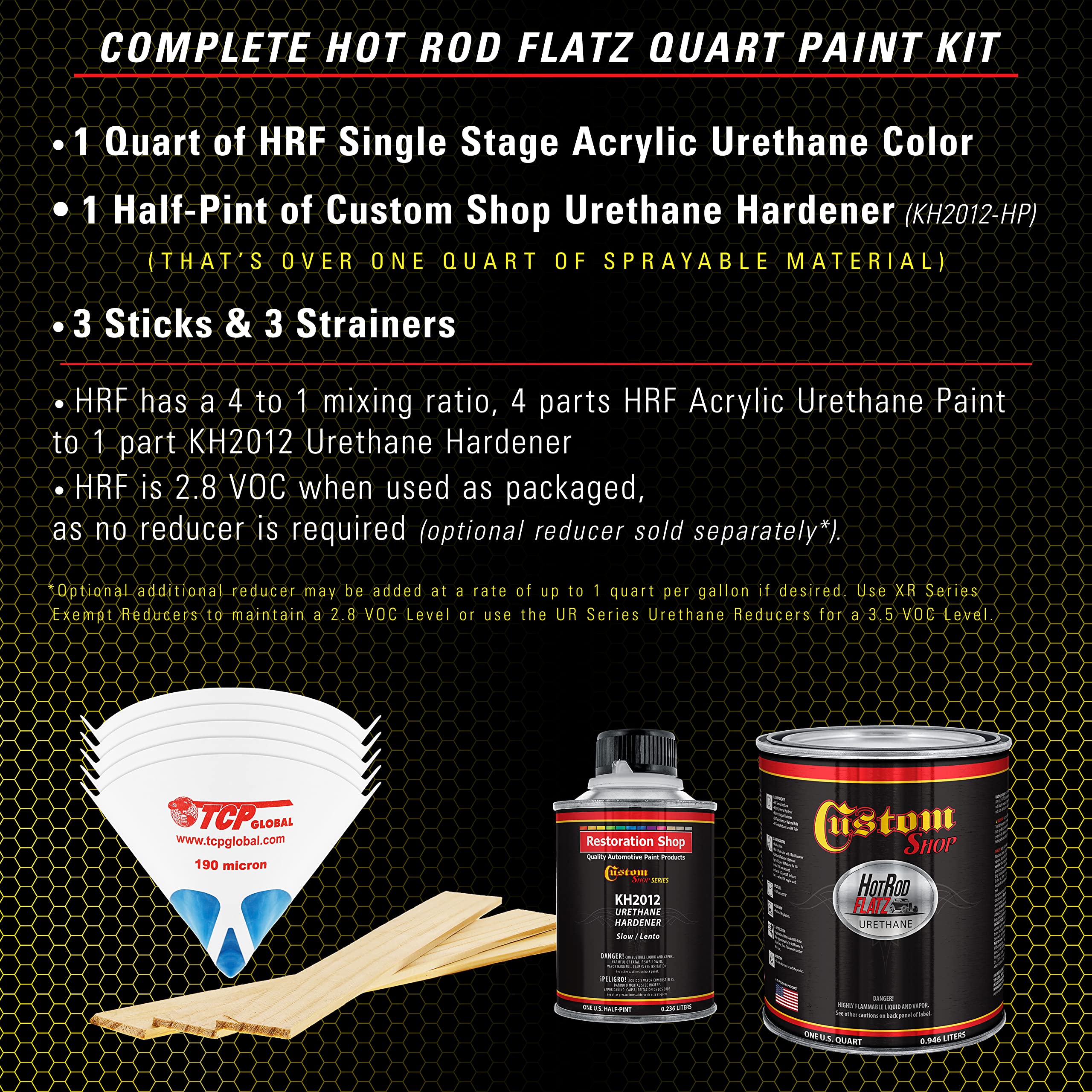 Custom Shop Indy Yellow Hot Rod Flatz Flat Matte Satin Urethane Auto Paint - Complete Quart Paint Kit with 4:1 Mix Ratio | Professional Low Sheen Automotive Coating for Cars & Trucks | Ideal for Hot Rod Restoration, Custom Vehicle Projects & Matte Finish Applications