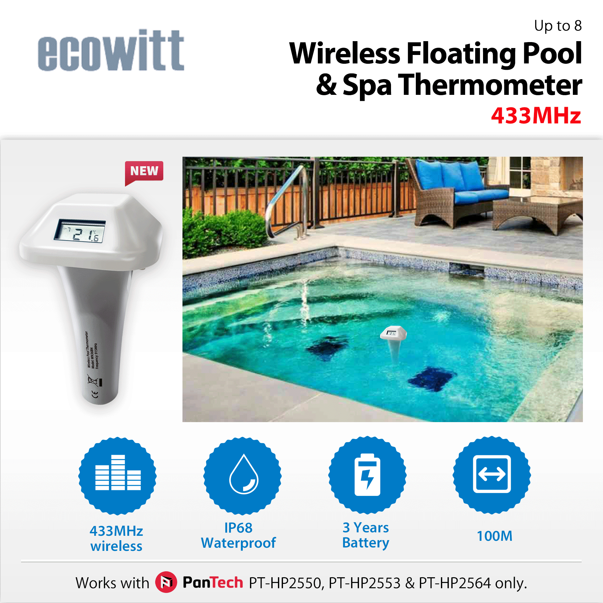PanTech Wireless Floating Pool & Spa Thermometer - Waterproof Digital Temperature Sensor for PT HP2550 & PT HP2553 - Perfect for Hot Tubs, Swimming Pools, and Outdoor Water Monitoring