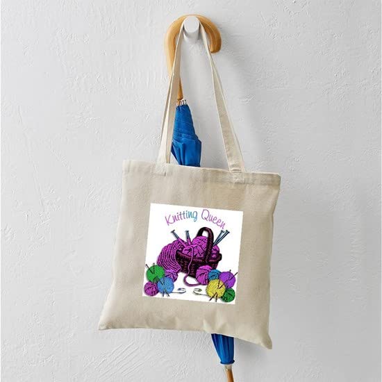Knitting Queen Tote Bag - Natural Canvas Reusable Shopping Bag for Women | Eco-Friendly Grocery Tote for Knitters, Yarn Lovers & Crafters - Perfect for Farmers Market, Beach & Daily Use