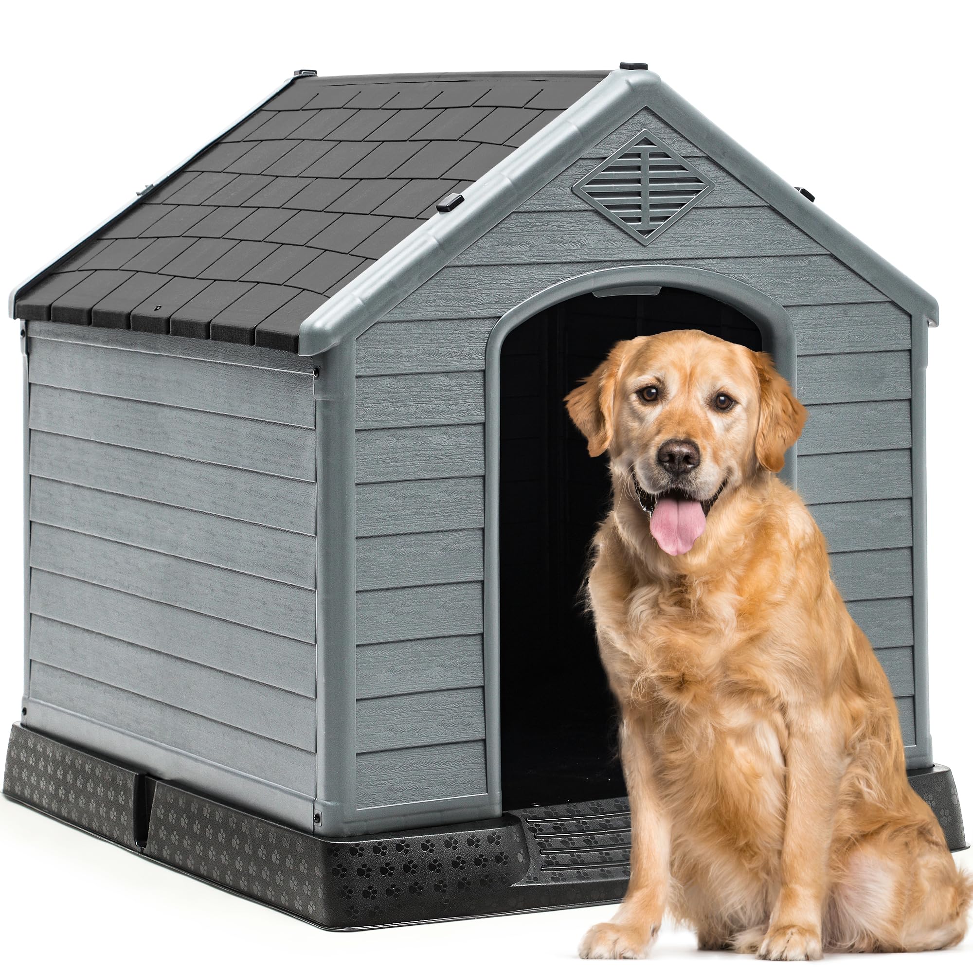YITAHOME 41'' Large Waterproof Plastic Dog House for Outdoor & Indoor Use - Sturdy Puppy Shelter with Air Vents & Elevated Floor - Easy Assembly Dog Kennel (41''L x 38''W x 39''H, Black+Gray) - Perfect for Backyard, Patio, Garage or Kennel Use