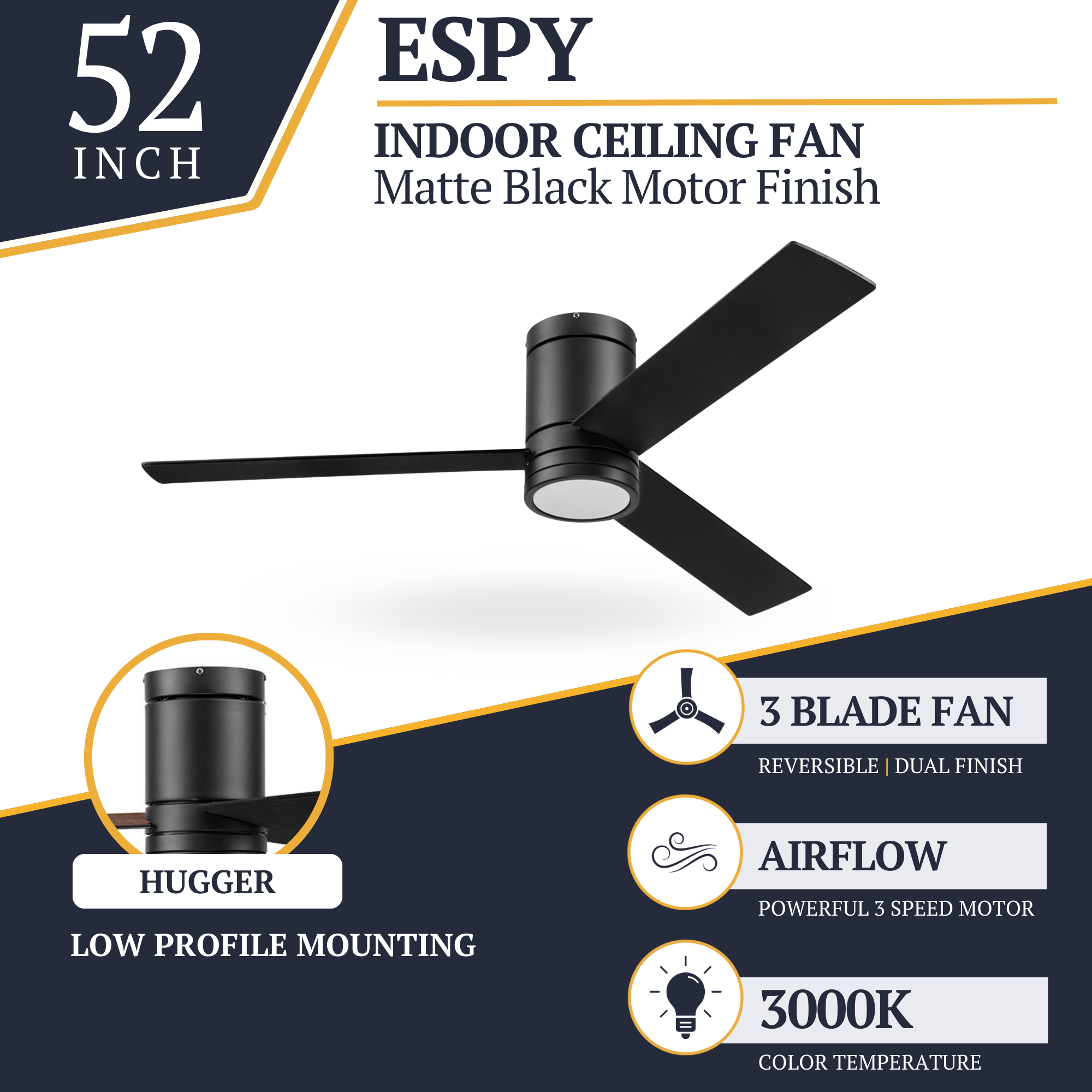52 Inch Matte Black Ceiling Fan with Remote Control - Energy Efficient, Quiet Operation for Living Room, Bedroom, or Office