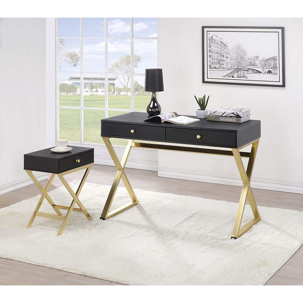 Modern Black & Brass Writing Desk with 2 Drawers - Elegant Vanity Dressing Table for Women, Stylish Makeup Desk, Home Office Workstation for PC/Laptop - Perfect for Bedroom, Living Room, and Home Office Spaces