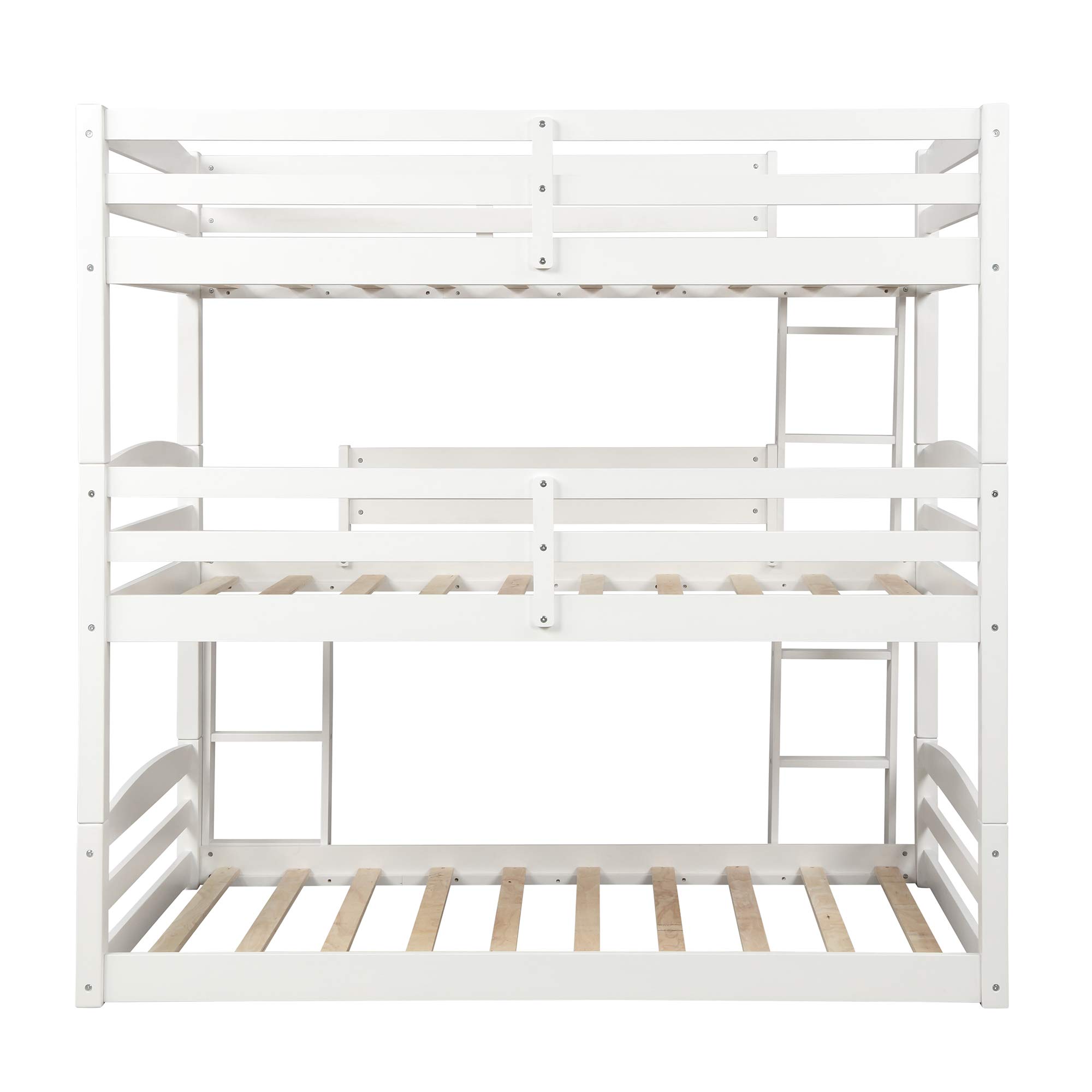 JULYFOX Triple Bunk Bed - Twin Over Twin Over Twin Solid Wood Frame, White Space-Saving Floor Bunk Bed with Ladders & Guard Rails (No Box Springs Needed) - Perfect for Kids' Bedrooms, Dorms, and Small Spaces