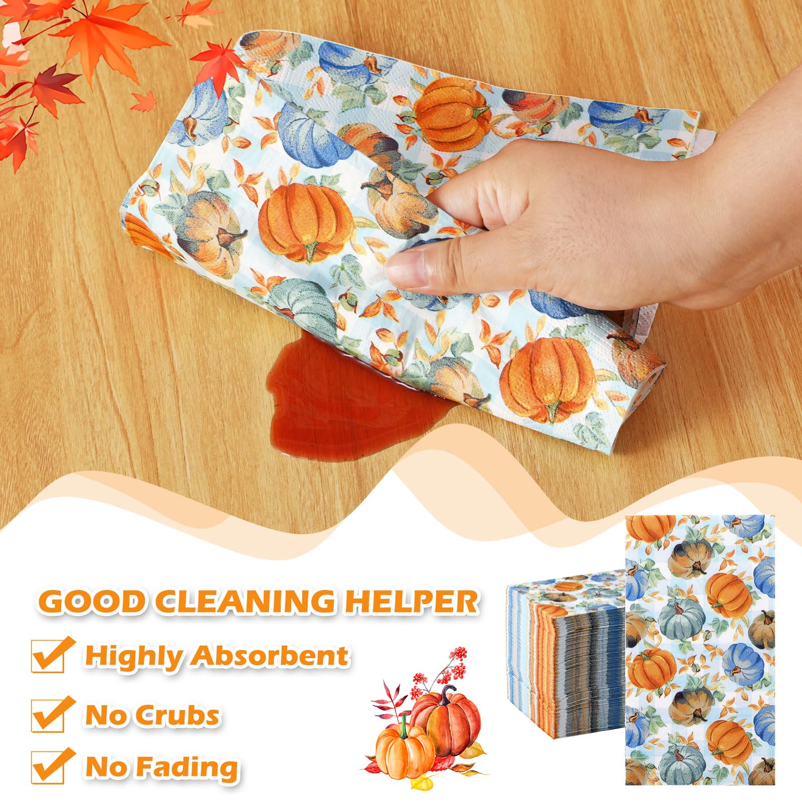 100PCS Fall Pumpkin Napkins - 3-Ply Disposable Thanksgiving Napkins & Guest Towels | Decorative Paper Napkins for Bathroom, Kitchen, Home Decor | Perfect for Autumn Parties, Thanksgiving Dinner & Seasonal Home Decoration