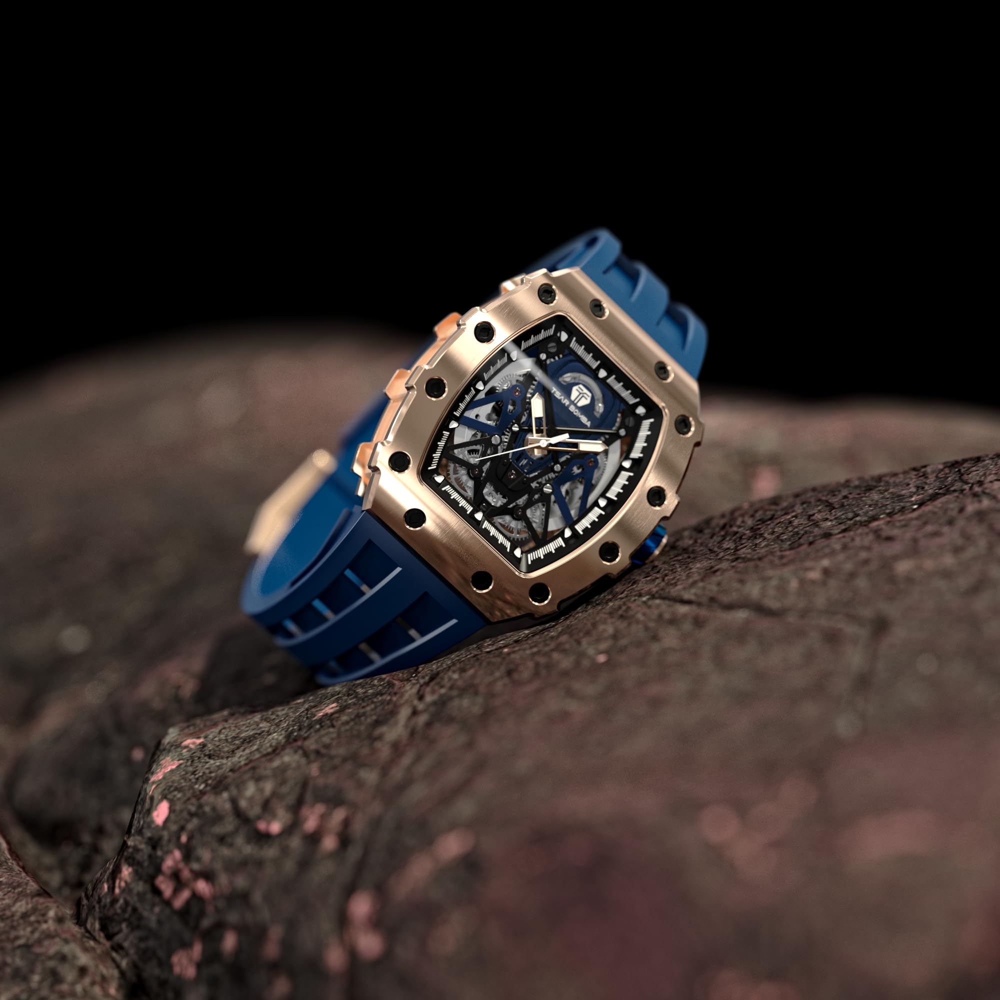 TSAR BOMBA Men's Luxury Automatic Skeleton Watch - Silver Square Big Face with Silicone Strap - 50M Waterproof Analog Wristwatch for Business, Casual & Formal Wear - Unique Cool Gift for Men