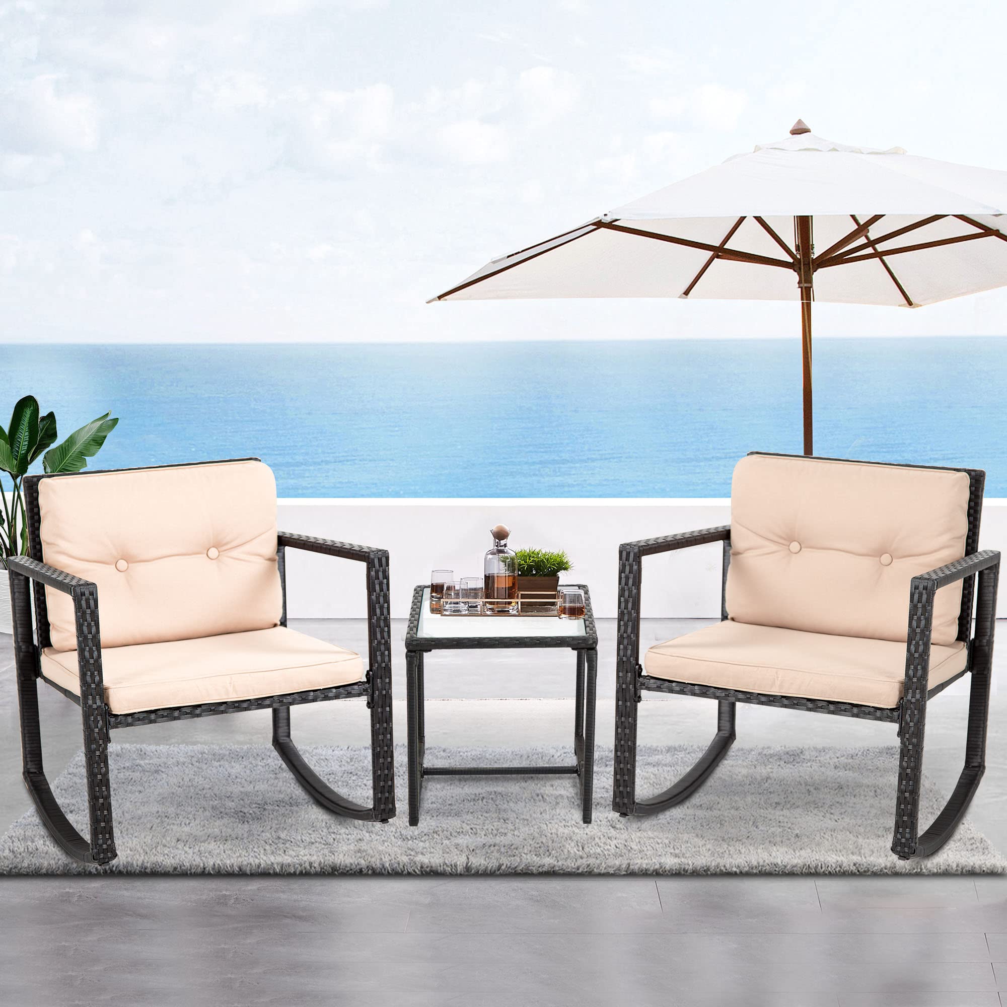 FDW 3-Piece Wicker Patio Furniture Set - Outdoor Rattan Bistro Set with Rocking Chair & Coffee Table for Backyard, Porch, Poolside, Lawn - Perfect for Relaxing & Entertaining - Black