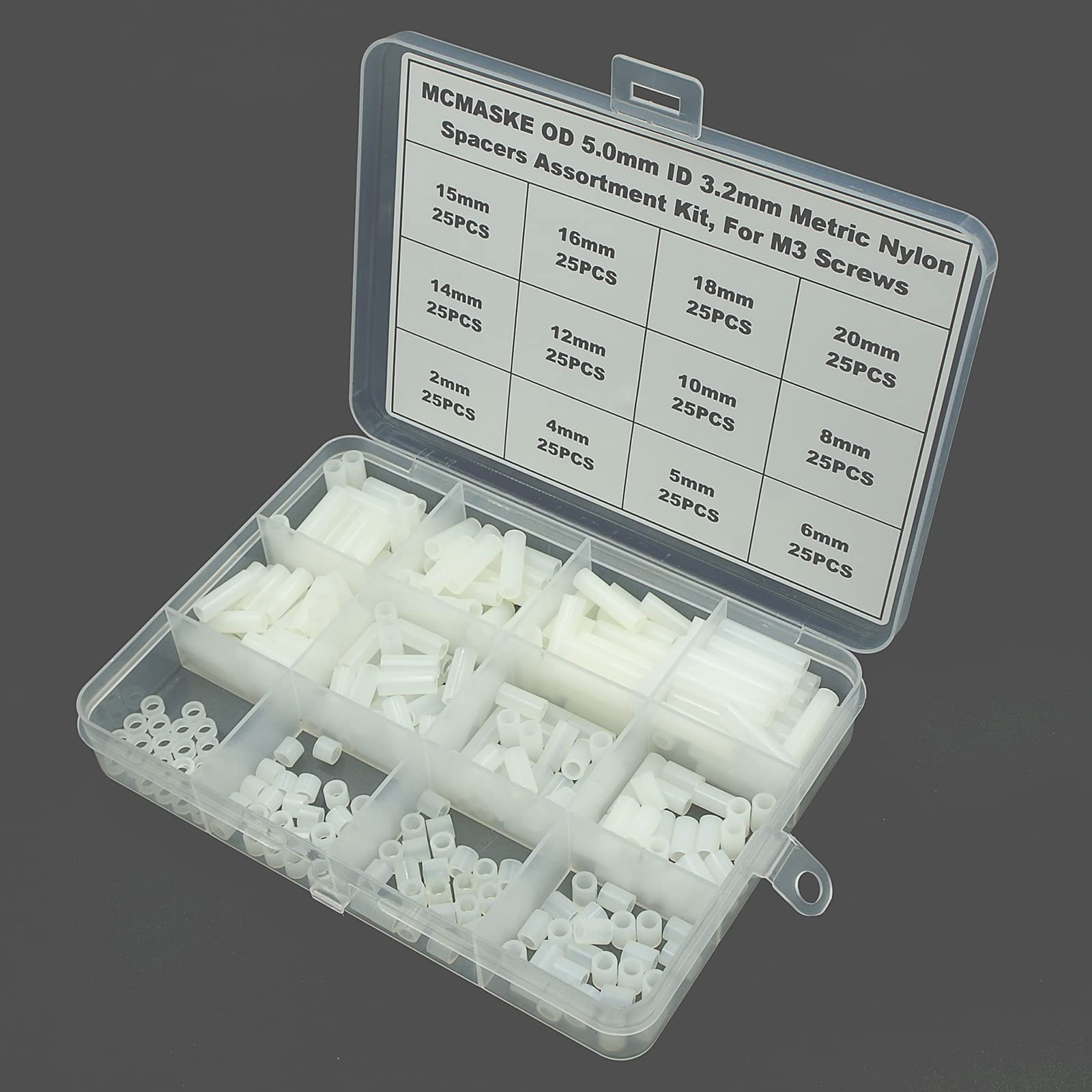 300PCS Nylon Round Unthreaded Spacers Standoffs Assortment Kit - OD 5mm ID 3.2mm for M3 Screws, Wall Plate Spacers, Clearance Spacers (White) - Perfect for Electronics, DIY Projects, 3D Printing & Furniture Assembly