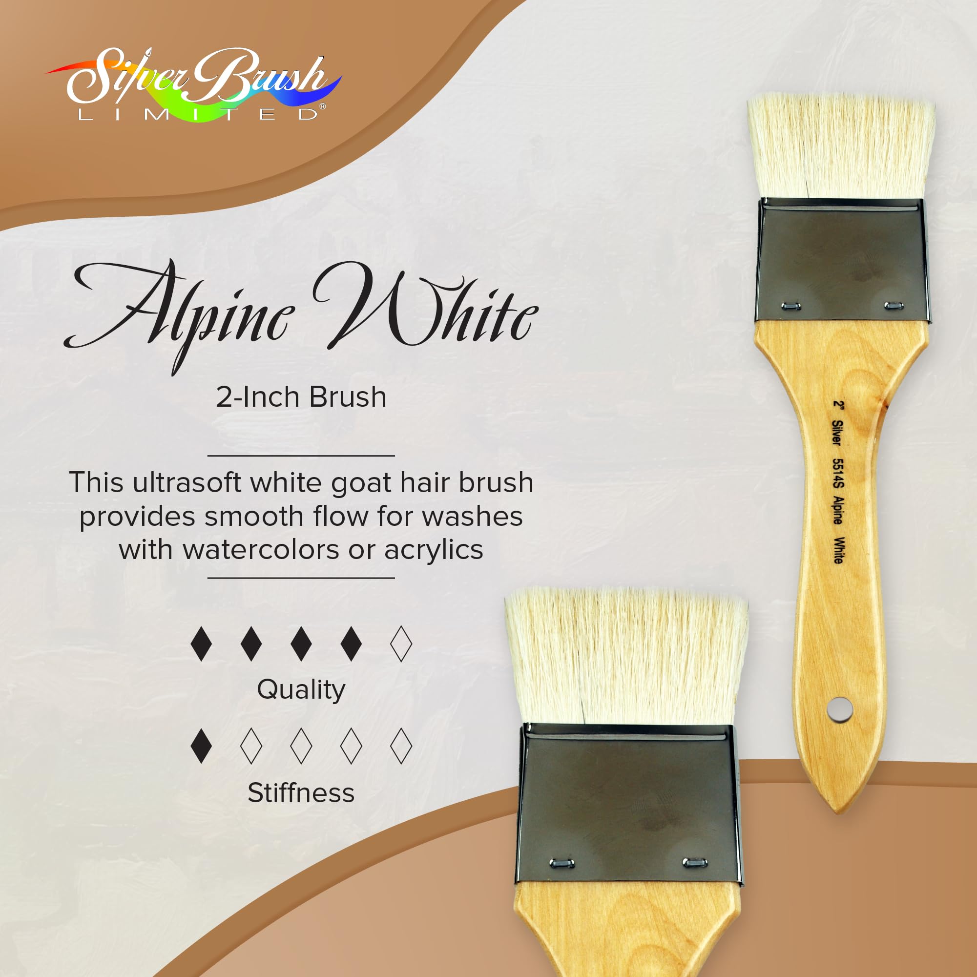 Silver Brush 5514S-2 Alpine White Goat Hair Short Handle Paint Brush - 2 Inch Wide Wash Blender for Acrylic, Watercolor & Oil Painting - Perfect for Canvas, Paper & Fabric Art Projects
