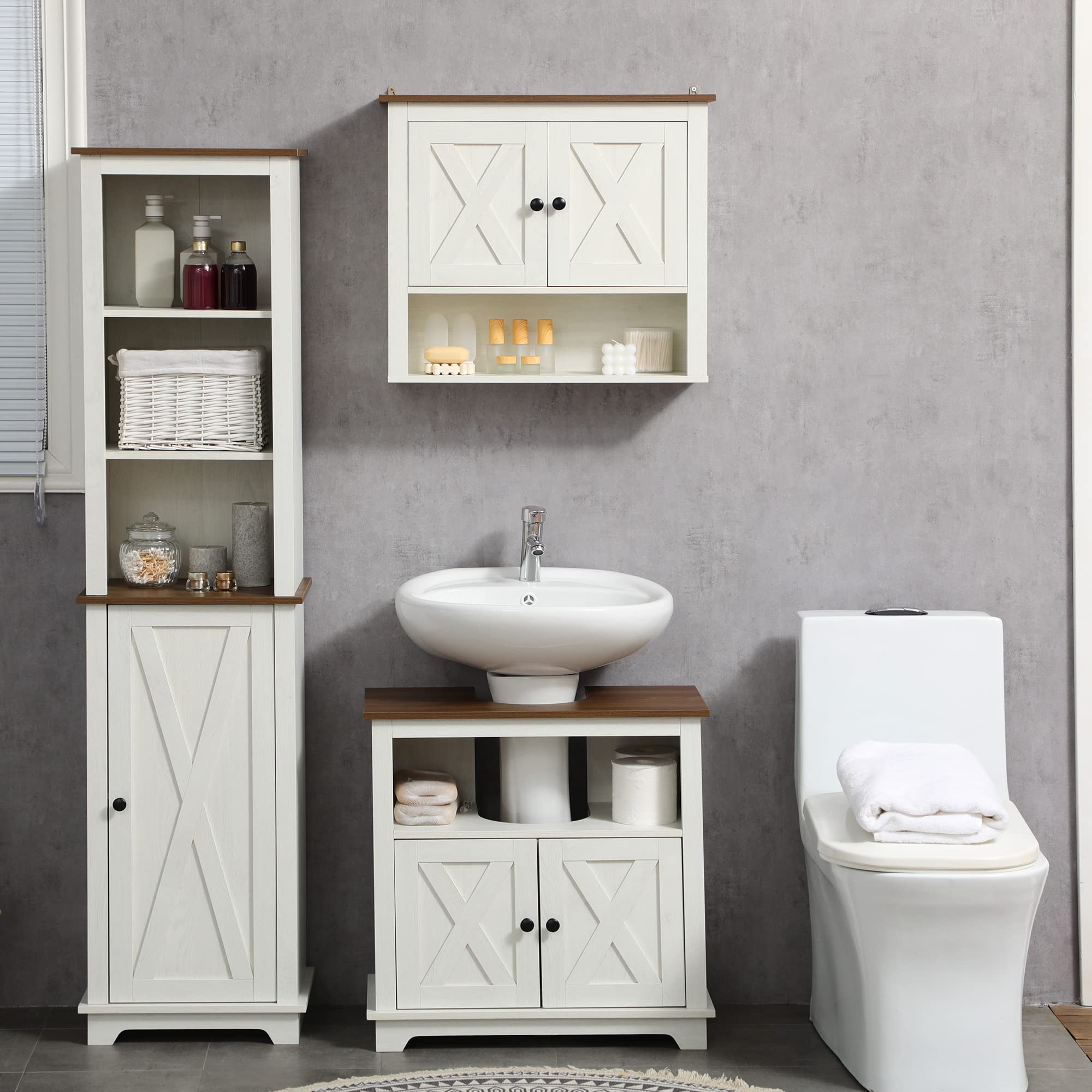 Kleankin Farmhouse Under Sink Bathroom Cabinet - White Double Door Vanity Storage Organizer with Shelves for Bathroom, Kitchen & Laundry Room Organization