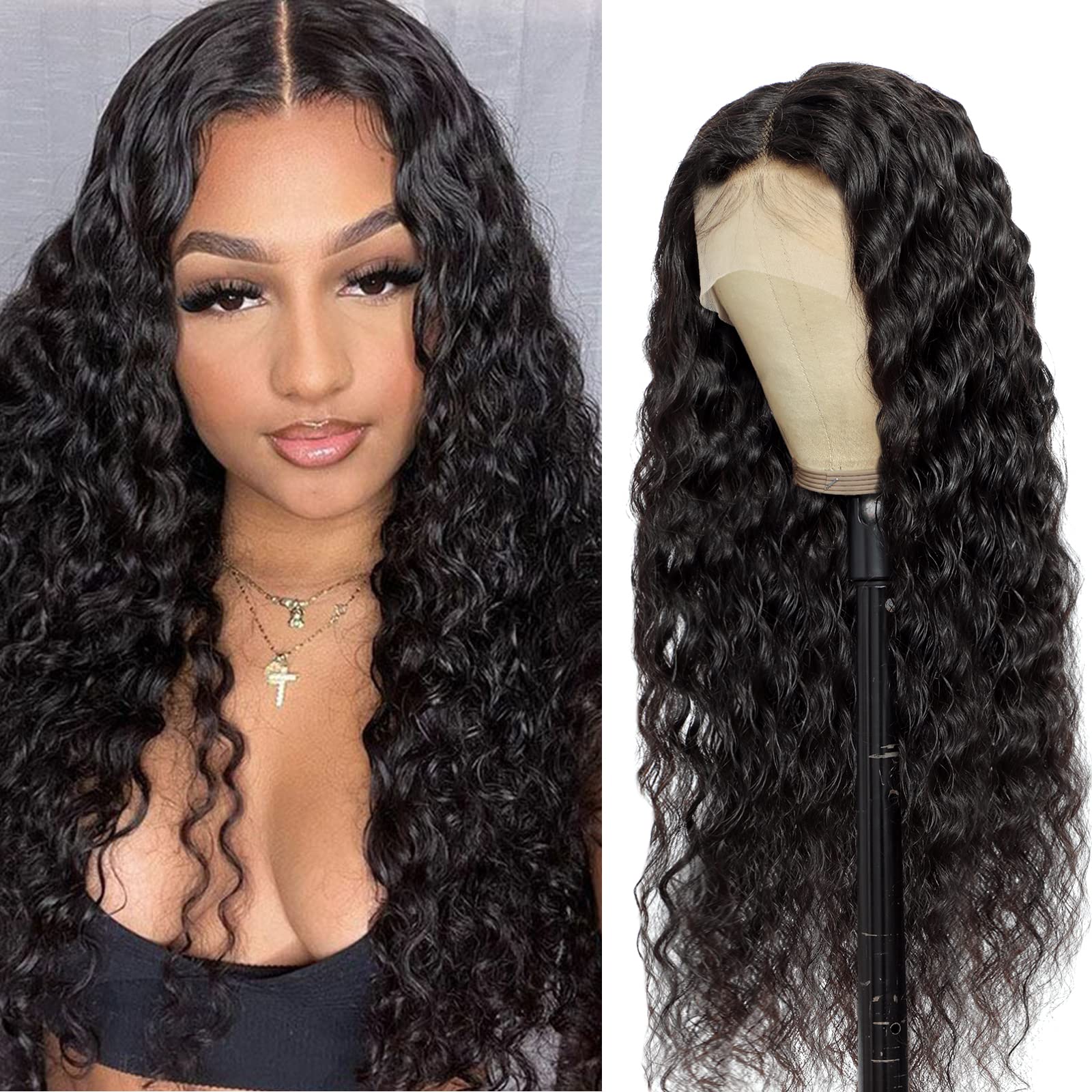 13x4 HD Lace Front Wigs Human Hair - Brazilian Virgin Hair Water Wave Glueless Wig with Baby Hair & Pre-Plucked Hairline - 180% Density Wet & Wavy Curly Wigs for Women (28 Inch, Natural Black) - Perfect for Daily Wear, Parties & Special Occasions
