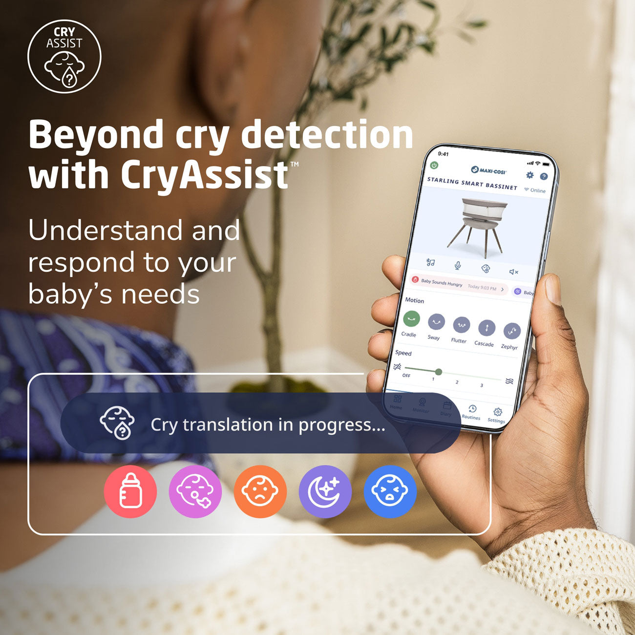 Maxi Cosi Starling Smart Bassinet – Auto Rocking Baby Bassinet with Bluetooth, White Noise & Sleep Tracking – Perfect for Nursery, Bedroom & Travel
