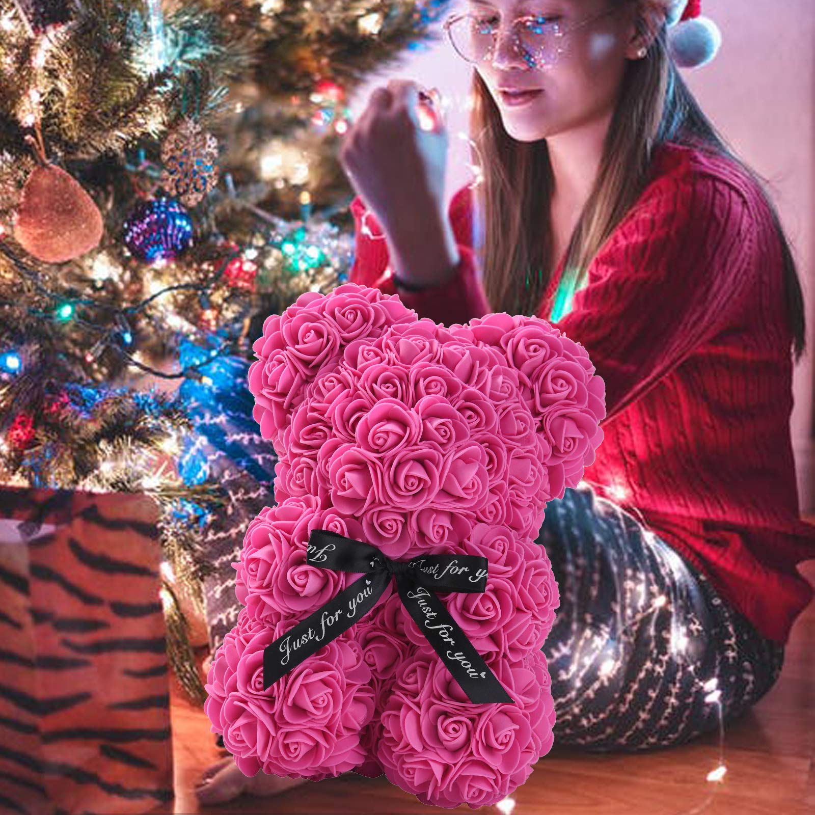 LINKLO 10-inch Rose Teddy Bear - Artificial Rose Flower Bear with Transparent Gift Box (Rose Red) | Romantic Gift for Valentine's Day, Anniversary & Wedding Decor