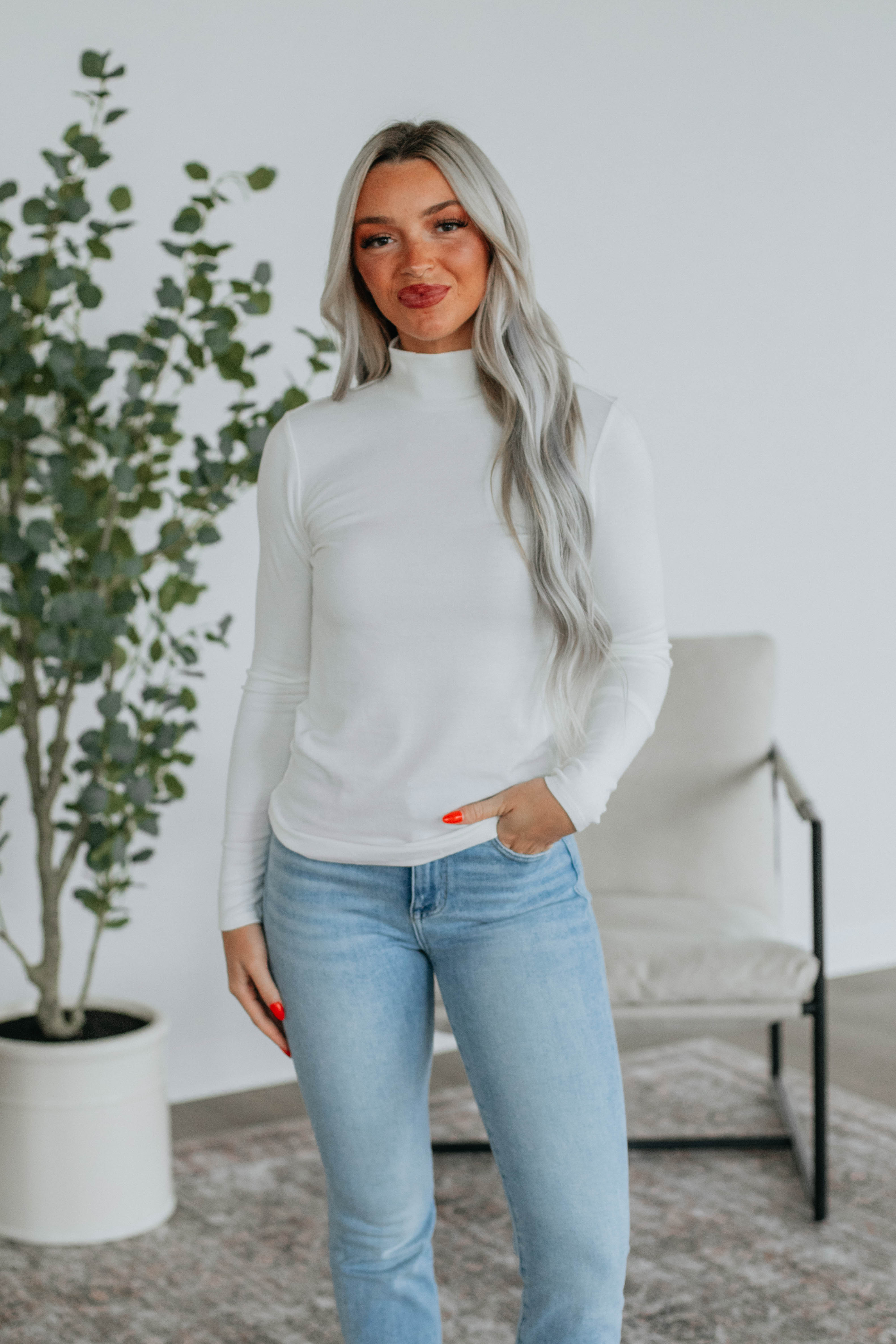 Evelina Mock Neck Top for Women - Ivory Long Sleeve Blouse - Perfect for Office Wear, Business Casual & Fall Outfits