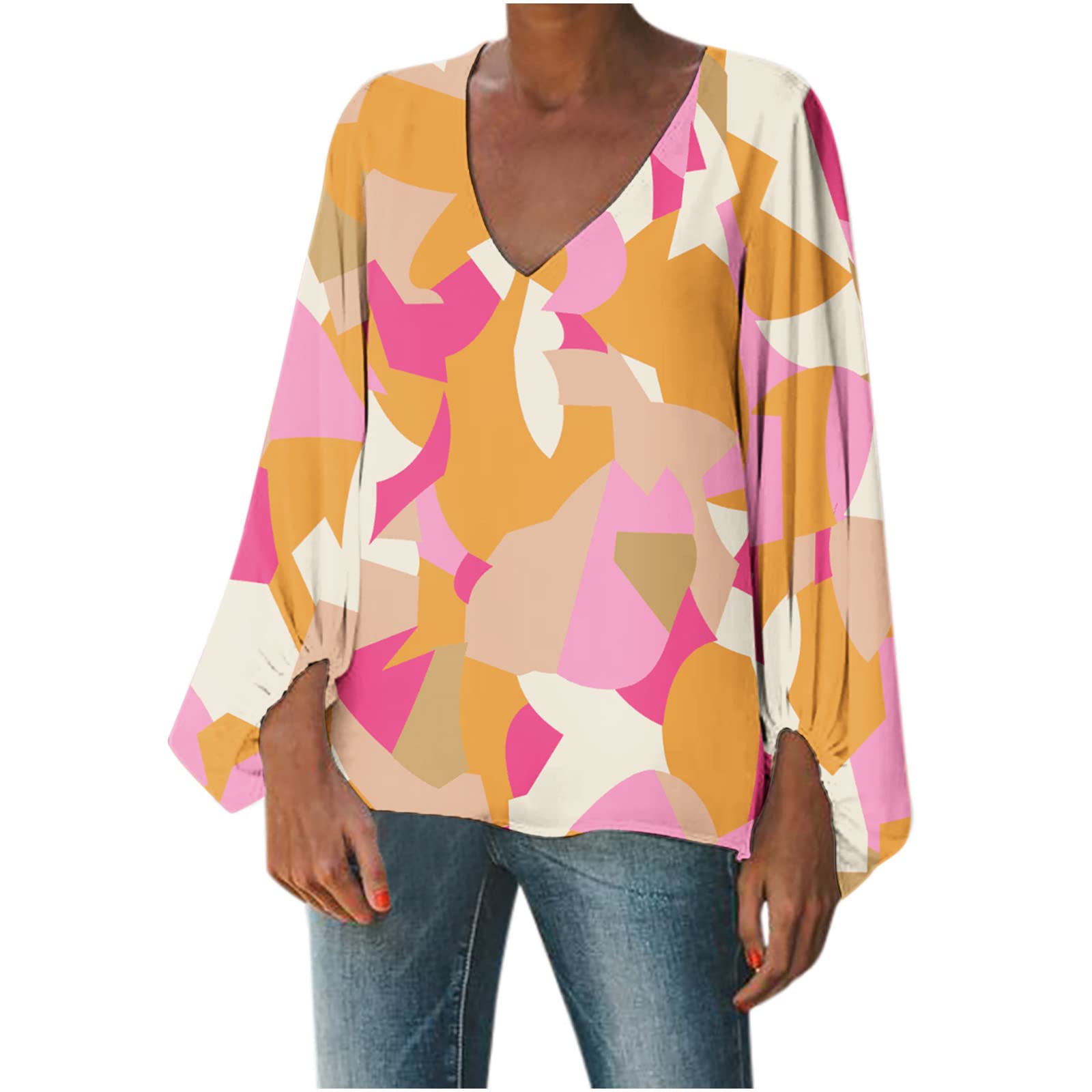 Women's Boho Floral Printed V-Neck Lantern Long Sleeve Blouse - Casual Loose T-Shirt Top for Spring/Summer Fashion, Outdoor Music Festivals & Beach Vacations