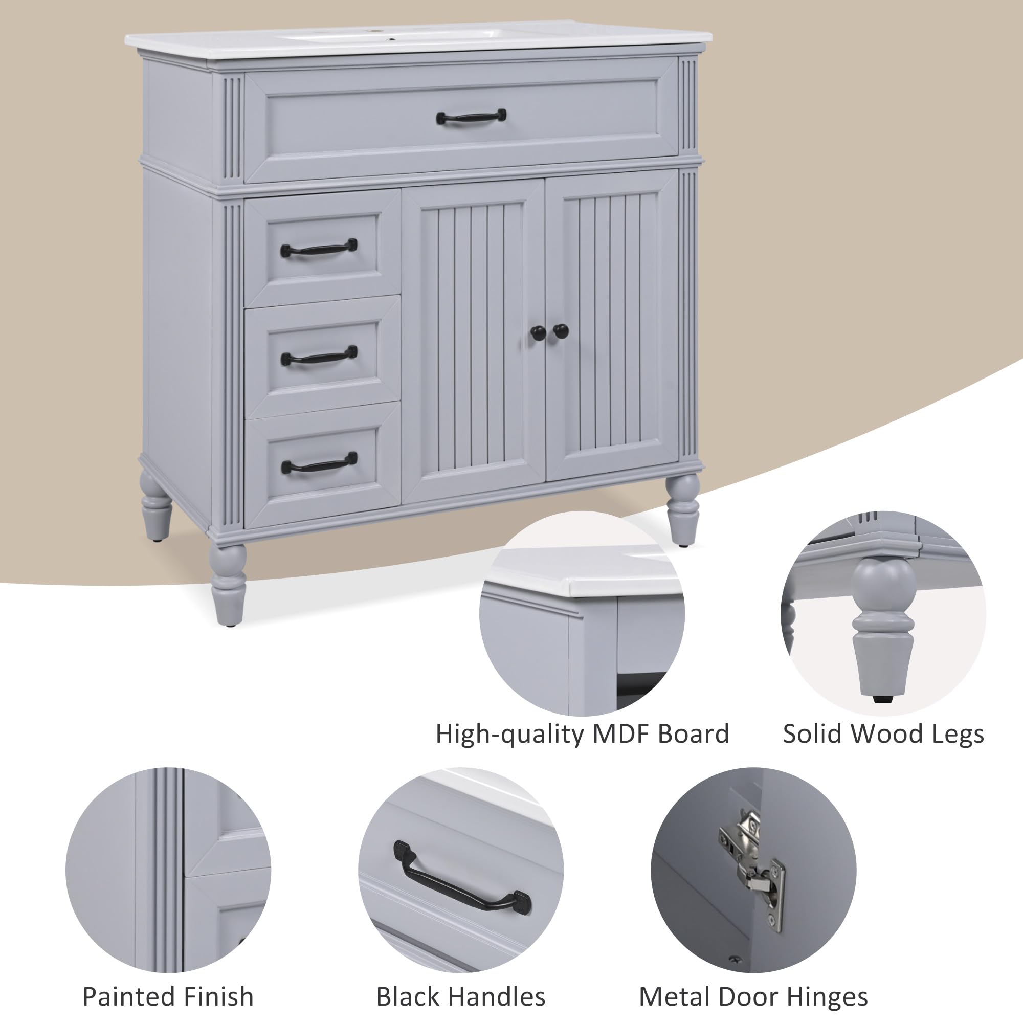 Harper & Bright Designs 36 Inch Modern Bathroom Vanity with Sink & Storage Drawers - Solid Wood Frame & MDF Board - Soft Close Door Hinges - Space Saving Gray Cabinet for Small Bathrooms, Powder Rooms & Master Baths
